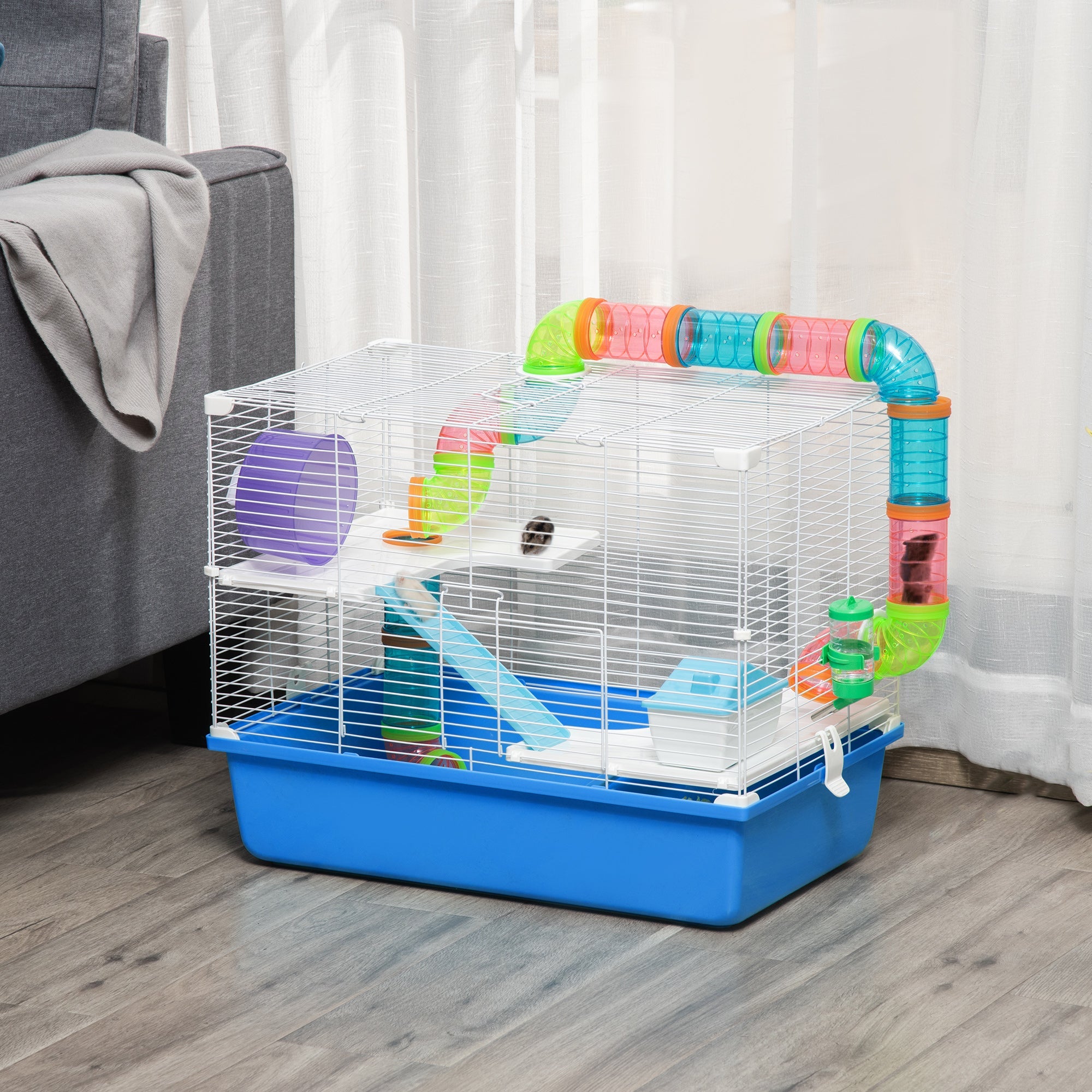 Large Hamster Cage, 3-Level Small Rodents House, with Tube Tunnel, Exercise Wheel, Water Bottle, Food Dish, Ramps, Hut, 59 x 36 x 47 cm, Blue-1