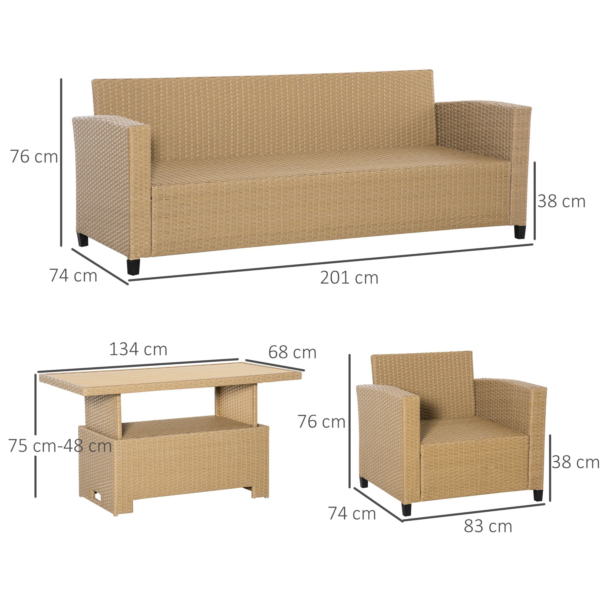 5-Seater Garden PE Rattan Sofa Set, Patio Wicker Aluminium Frame Conversation w/ Wood Grain Plastic Table, Khaki-2