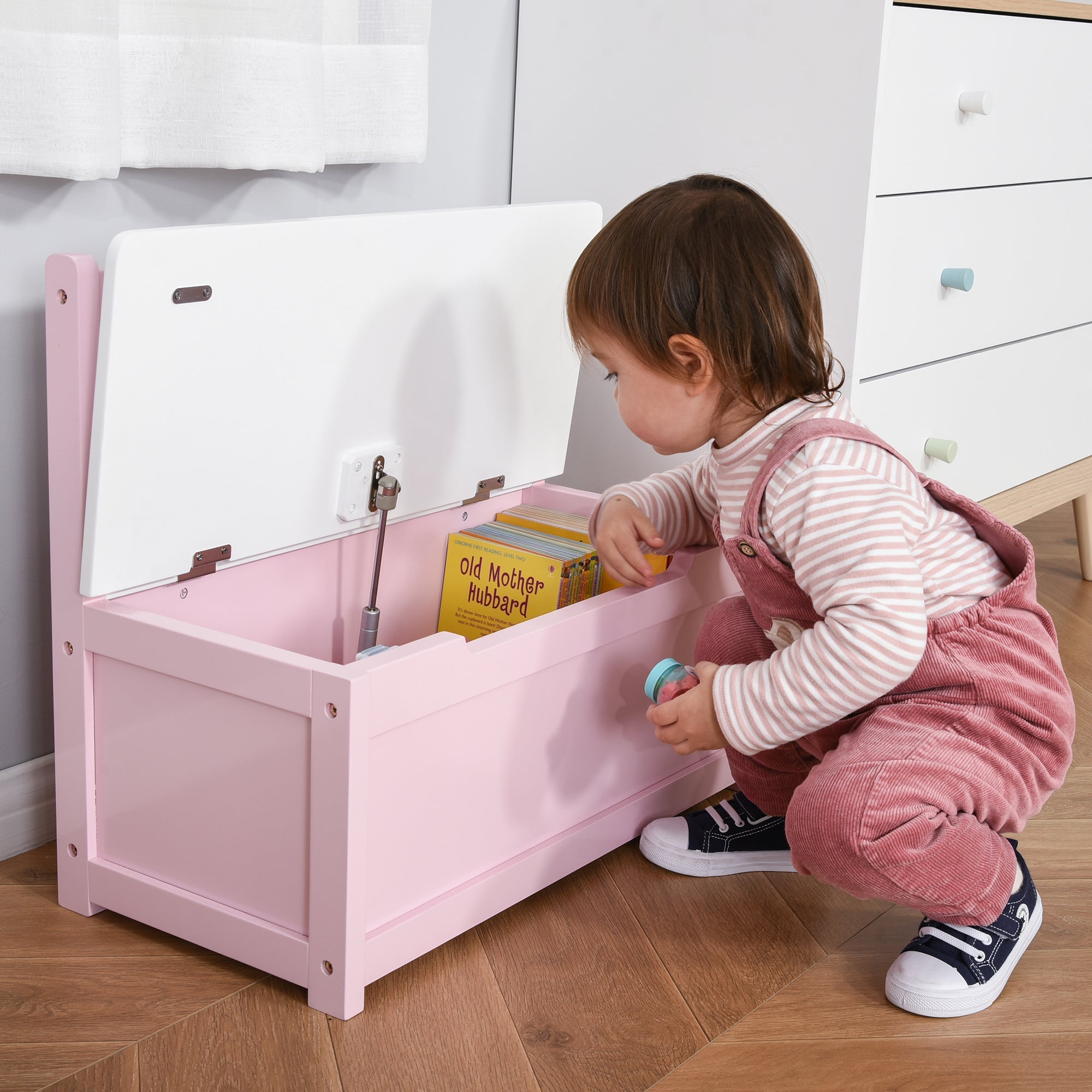 2-IN-1 Wooden Toy Box Kids Seat Bench Storage Chest Cabinet Organizer with Safety Pneumatic Rod 60 x 30 x 50cm Pink-1