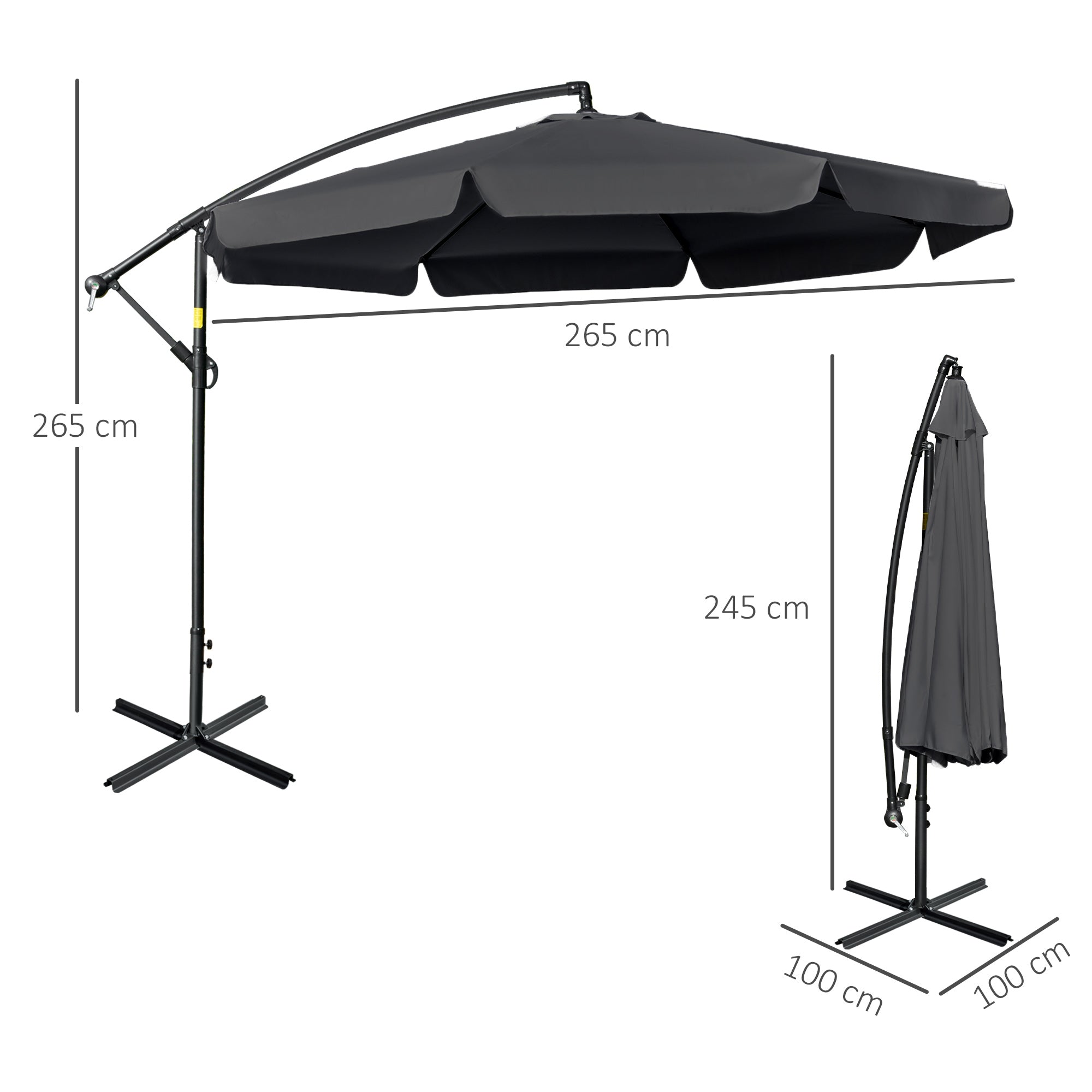 2.7m Banana Parasol Cantilever Umbrella with Crank Handle and Cross Base for Outdoor, Hanging Sun Shade, Black-2