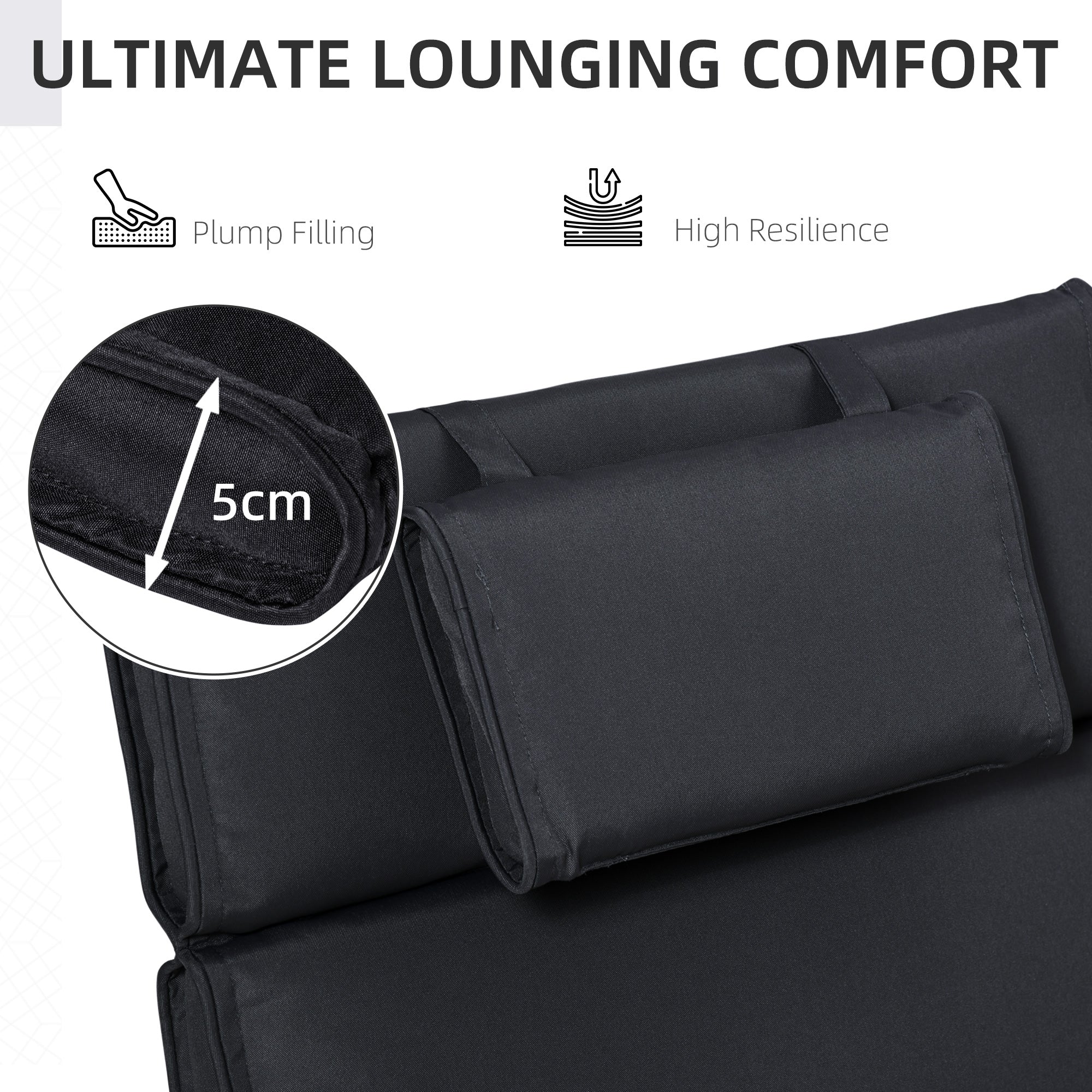 Garden Sun Lounger Cushion Replacement Thick Sunbed Reclining Chair Relaxer Pad with Pillow - Black-3