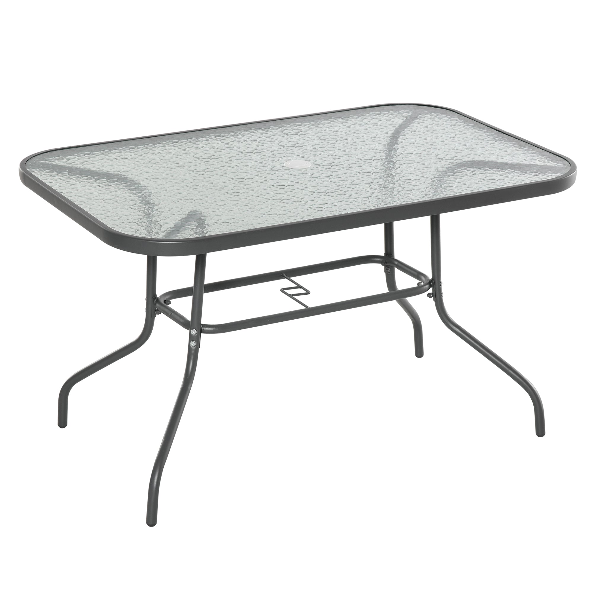 Glass Top Garden Table Curved Metal Frame w/ Parasol Hole 4 Legs Outdoor Balcony Sturdy Friends Family Dining Table -Grey-0