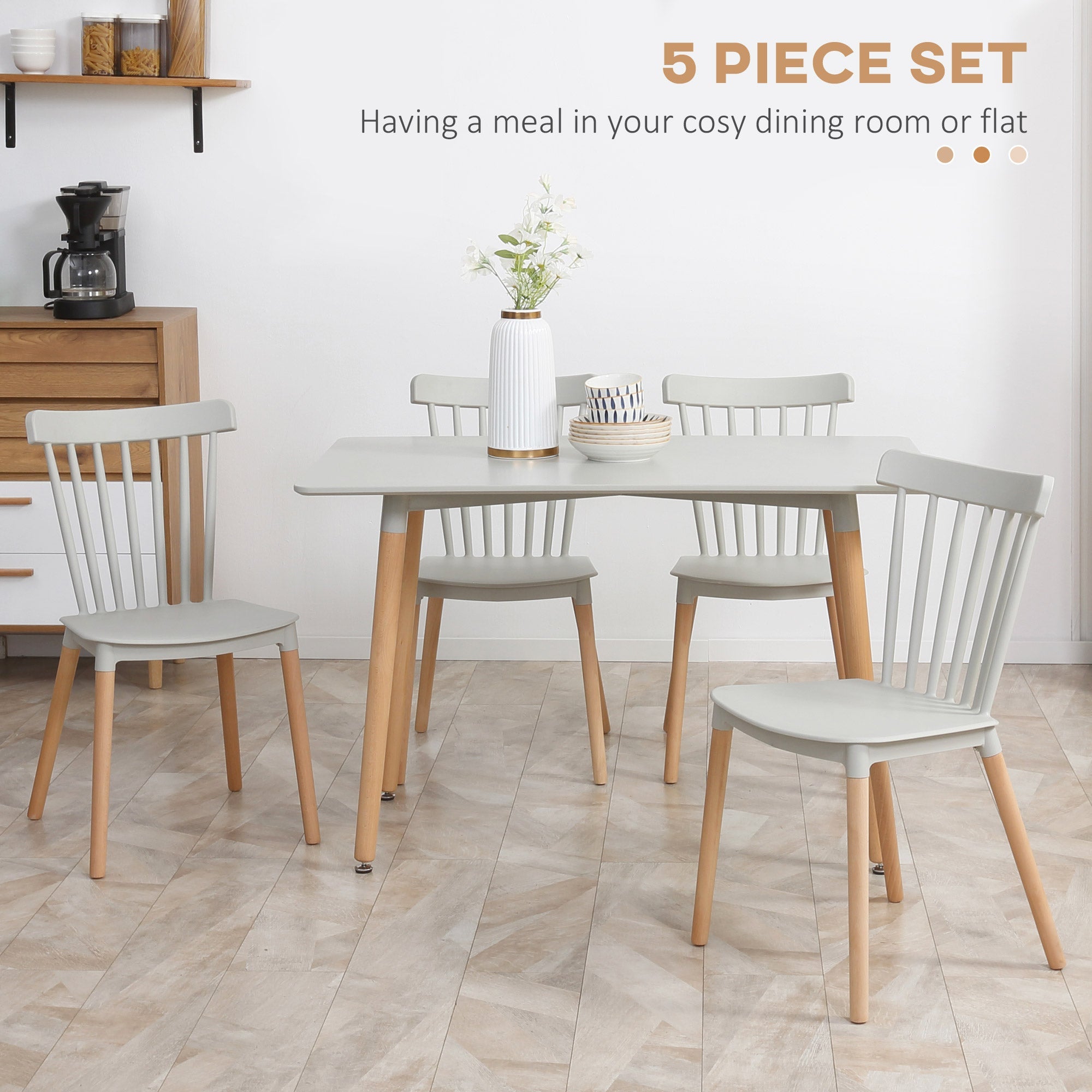 5 Piece Dining Table Set with Beech Wood Legs, Space Saving Table and 4 Chairs for Small Kitchens, Grey-2