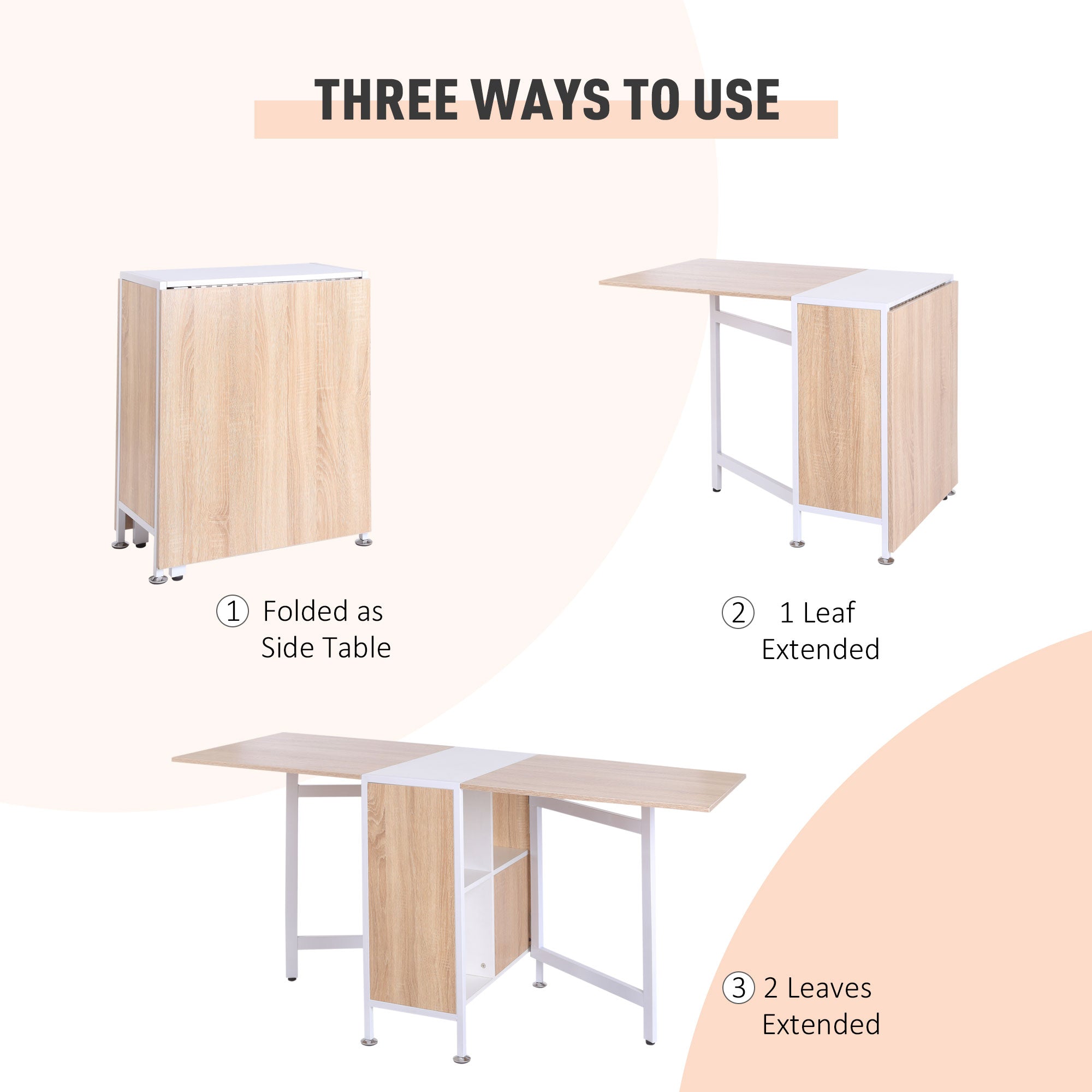 Foldable Dining Table Folding Workstation for Small Space with Storage Shelves Cubes Oak & White-3