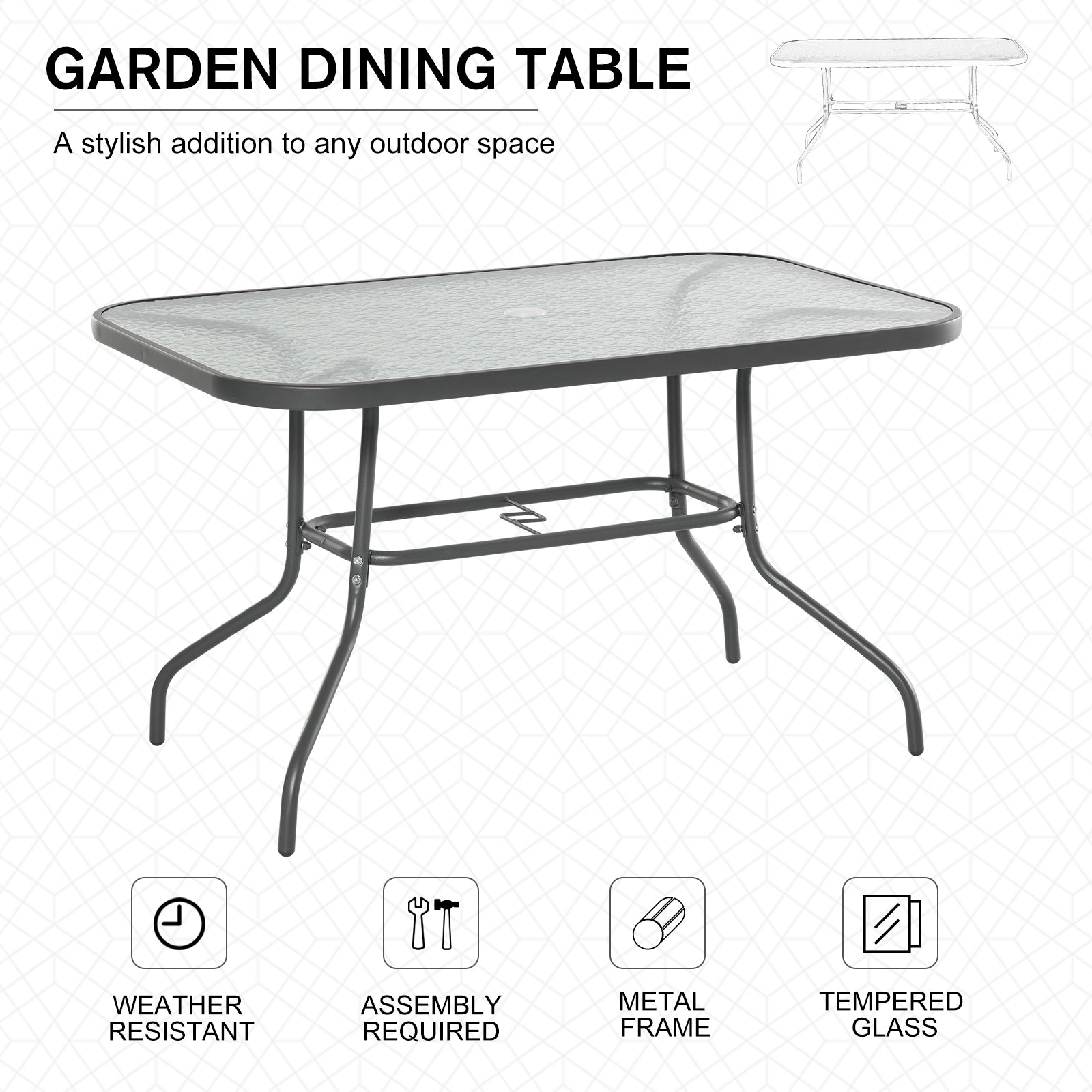 Glass Top Garden Table Curved Metal Frame w/ Parasol Hole 4 Legs Outdoor Balcony Sturdy Friends Family Dining Table -Grey-3