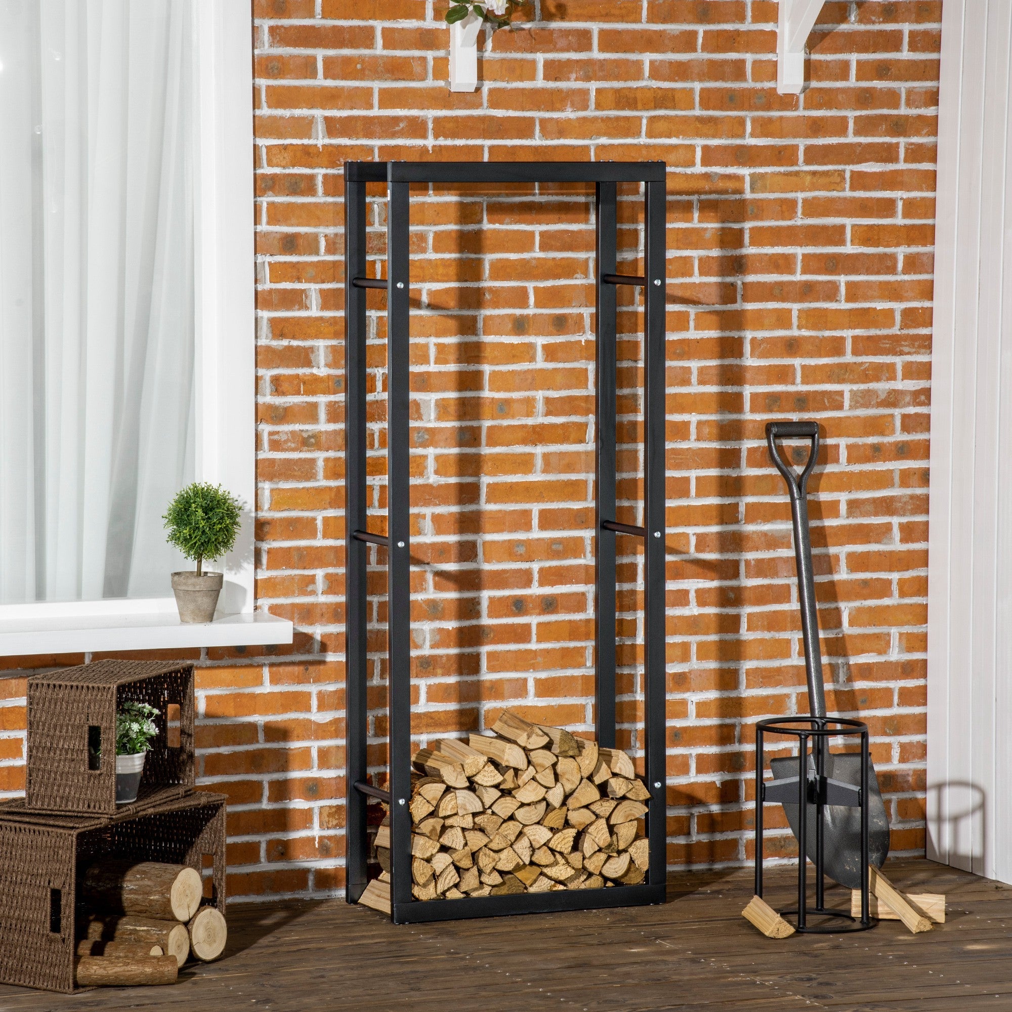 Metal Firewood Log Holder Tall Firewood Rack Indoor Outdoor Fireplace Wood Storage Shelf, Black, 60Wx25Dx150Hcm-1