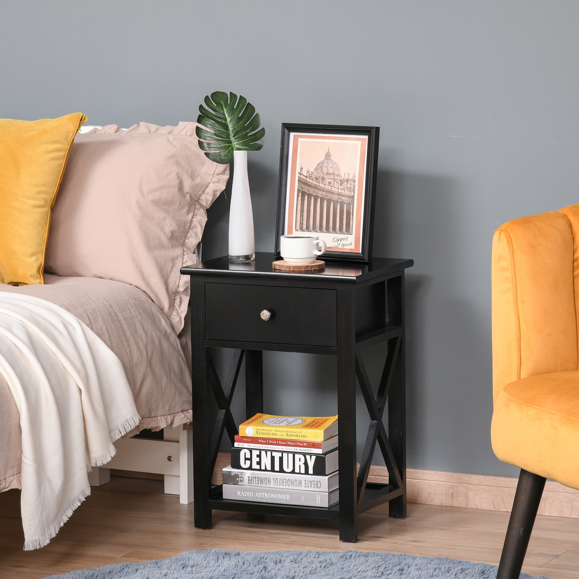 Traditional Accent End Table With 1 Drawer,X Bar Bottom Storage Shelf, for Living Room Bedroom Room 40L x 30W x 55H cm - Black-1