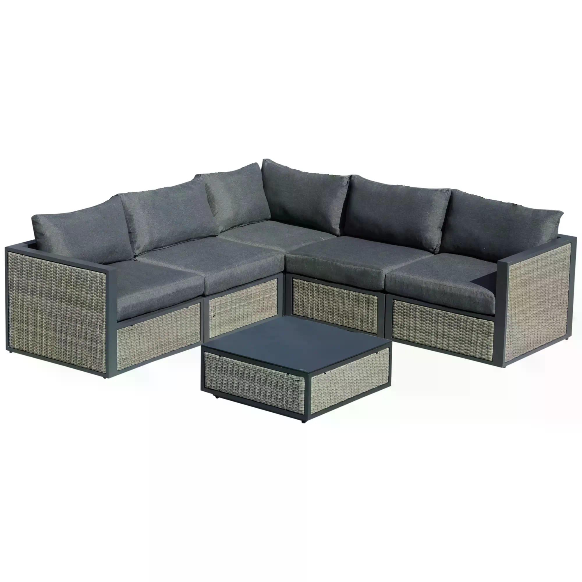 5-Seater Garden PE Rattan Sofa Sofa Set w/ Coffee Table and Padded Cushion, Grey-0