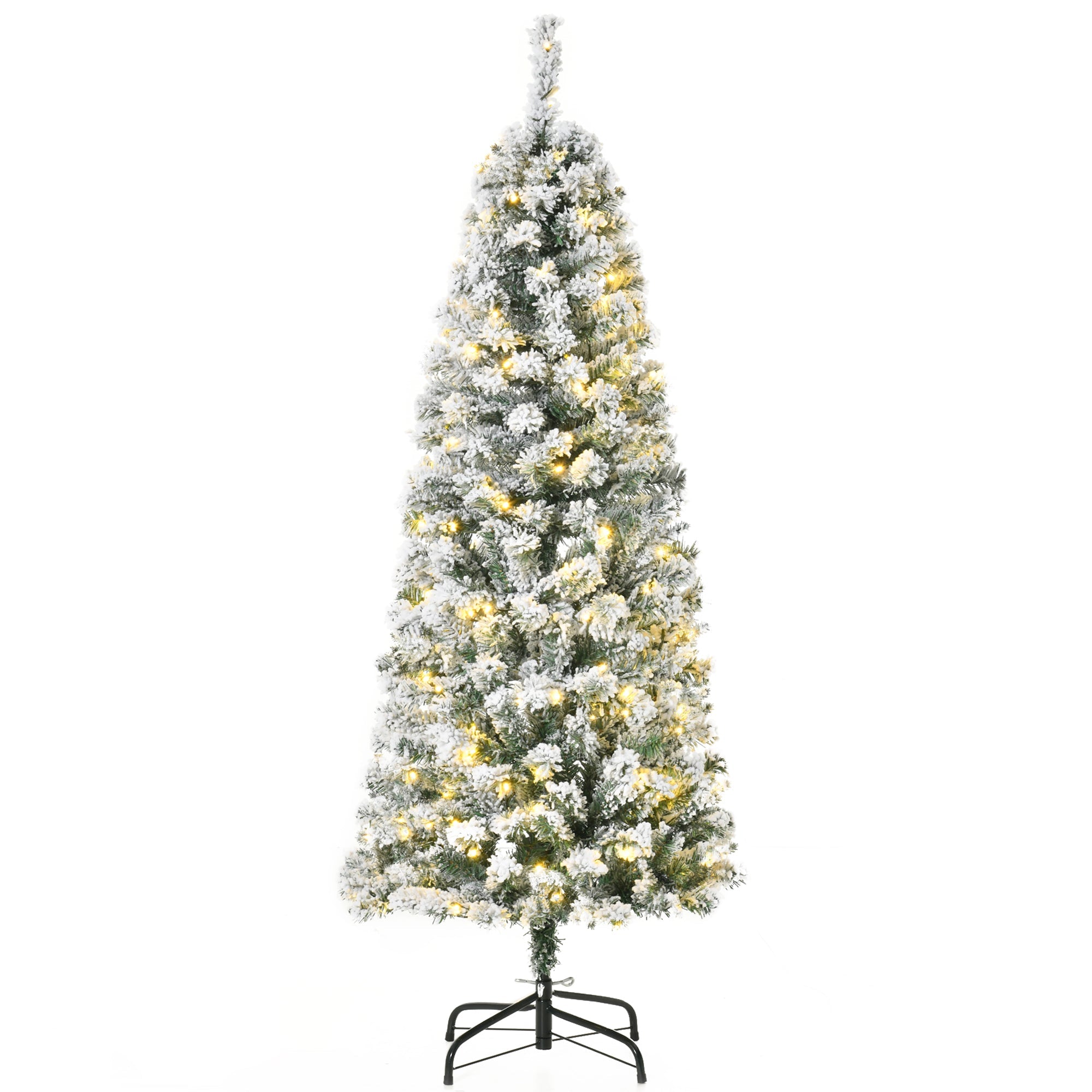 5 Feet Pre Lit Christmas Tree Artificial Snow Flocked Christmas Tree with Warm White LED Light, Holiday Home Xmas Decoration, Green White-0