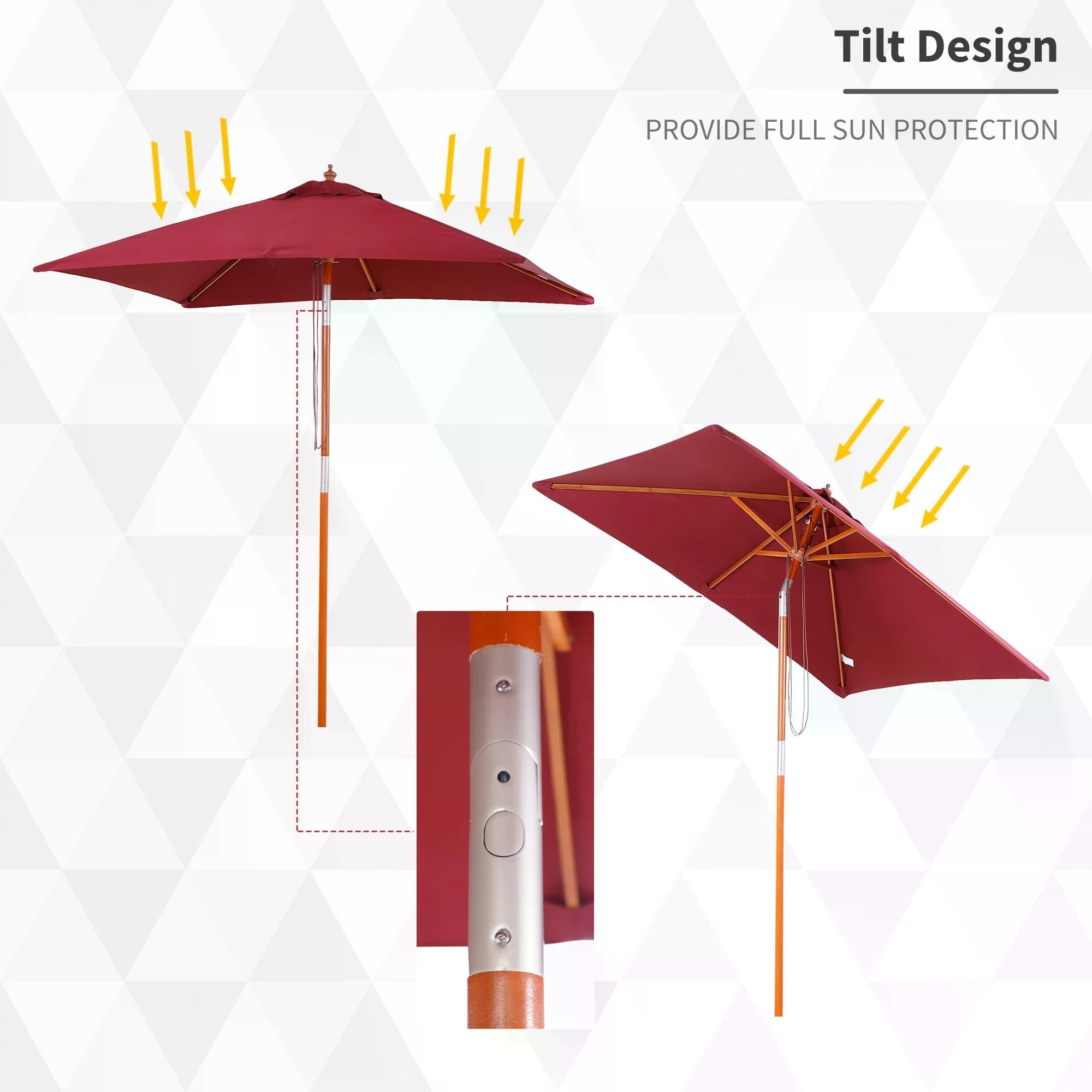2 x 1.5m Patio Garden Parasol Sun Umbrella Sunshade Canopy Outdoor Backyard Furniture Fir Wooden Pole 6 Ribs Tilt Mechanism - Wine Red-3