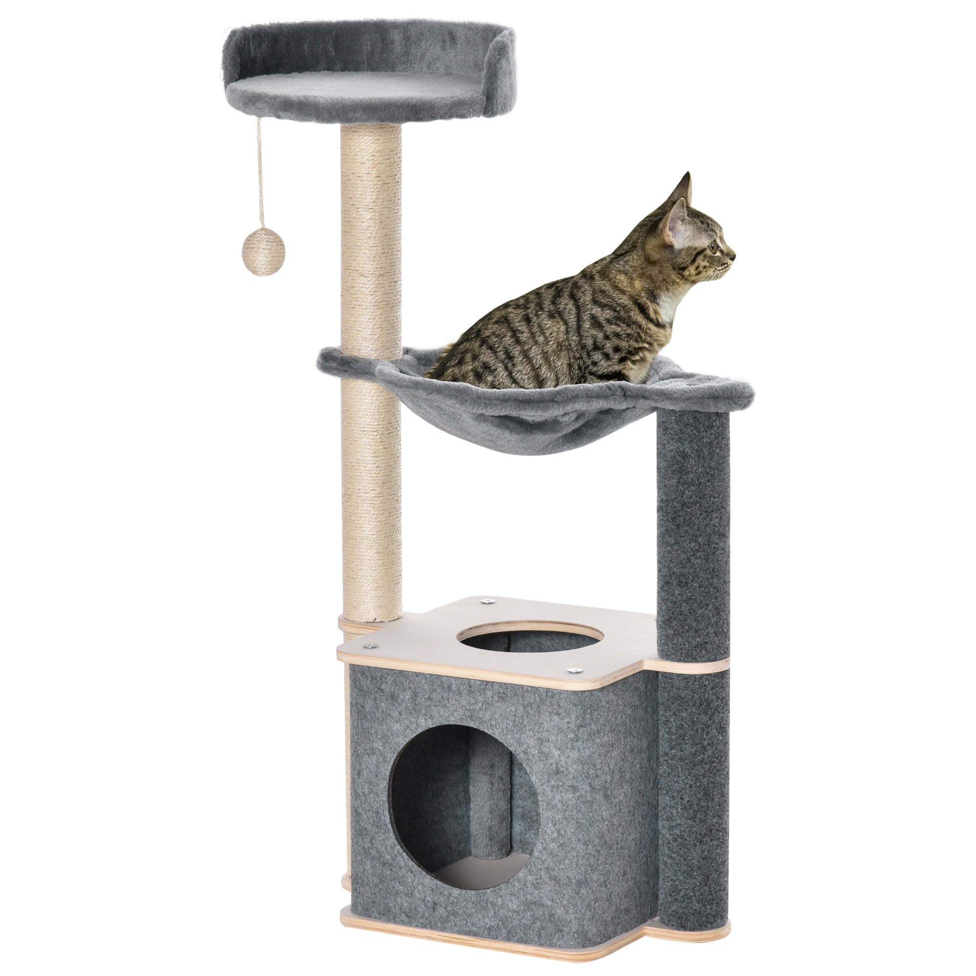 Cat Tree Cat Tower 95cm Climbing Kitten Activity Center with Sisal Scratching Post Perch Roomy Condo Hammock, Grey-0