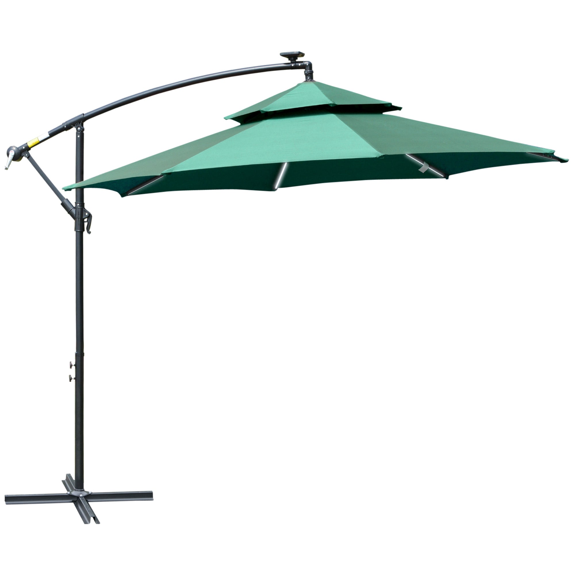 3(m) Cantilever Parasol Banana Hanging Umbrella with Double Roof, LED Solar lights, Crank, 8 Sturdy Ribs and Cross Base Green-0