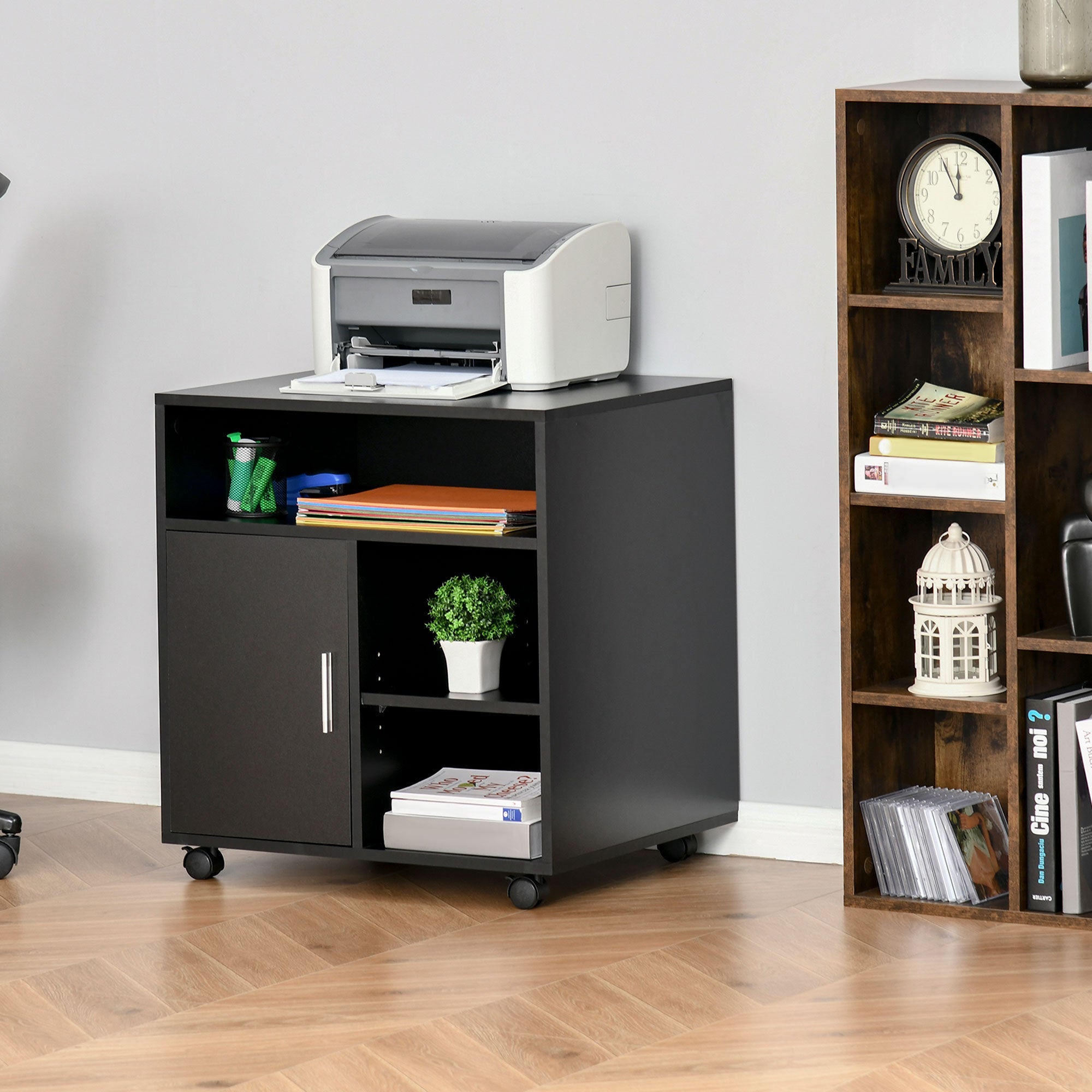 Multi-Storage Printer Stand Unit Office Desk Side Mobile Storage w/ Wheels Modern Style 60L x 50W x 65.5H cm - Black-3