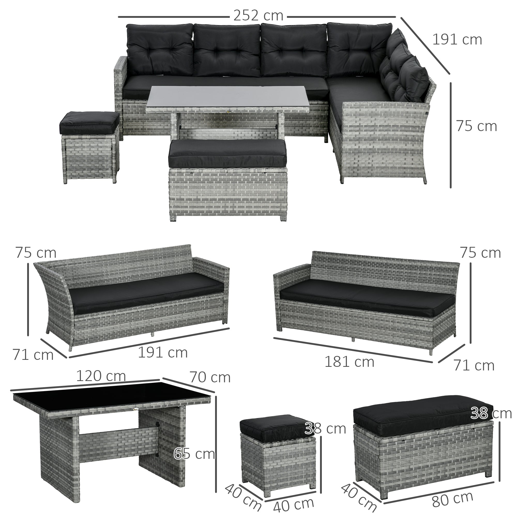 5-Piece Rattan Patio Furniture Set with Corner Sofa, Footstools, Glass Coffee Table, Cushions, Mixed Grey-2