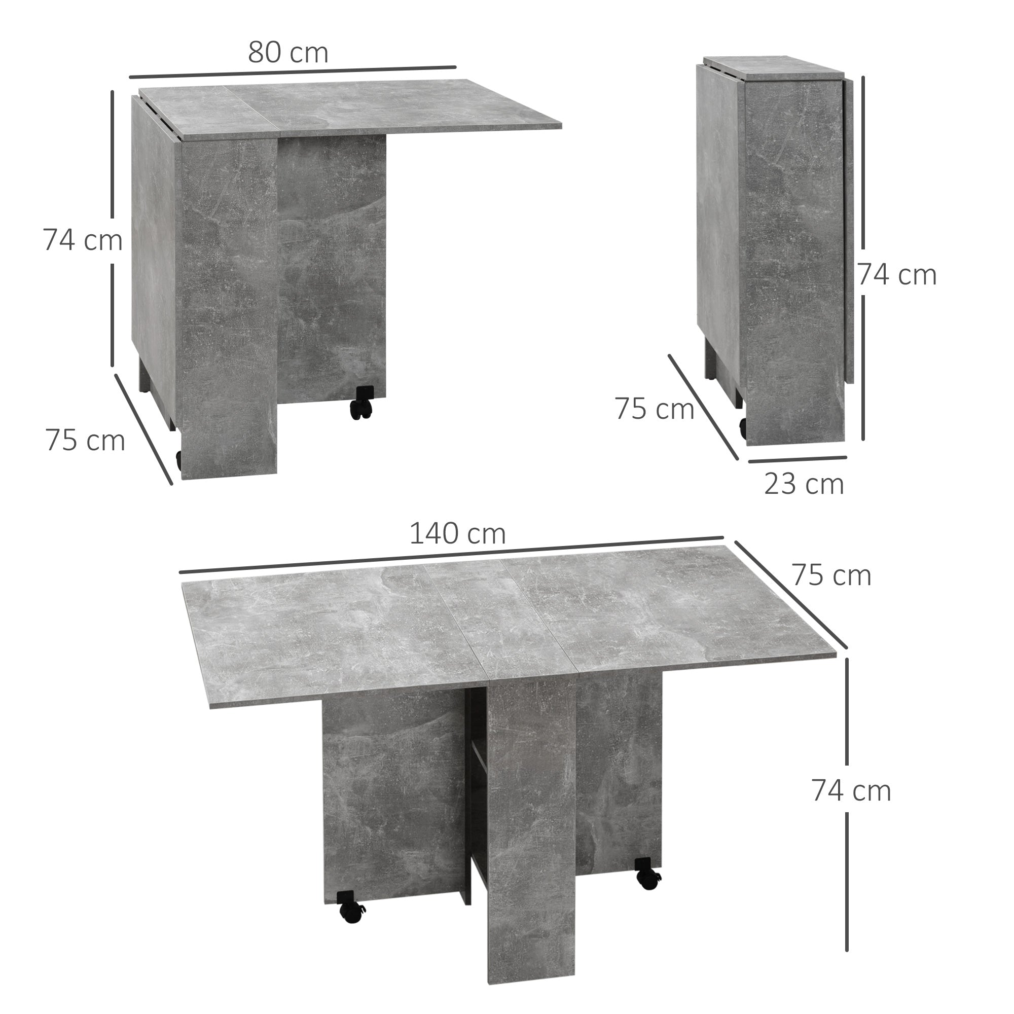 Folding Dining Table, Drop Leaf Table for Small Spaces with 2-tier Shelves, Small Kitchen Table with Rolling Casters, Cement Grey-2