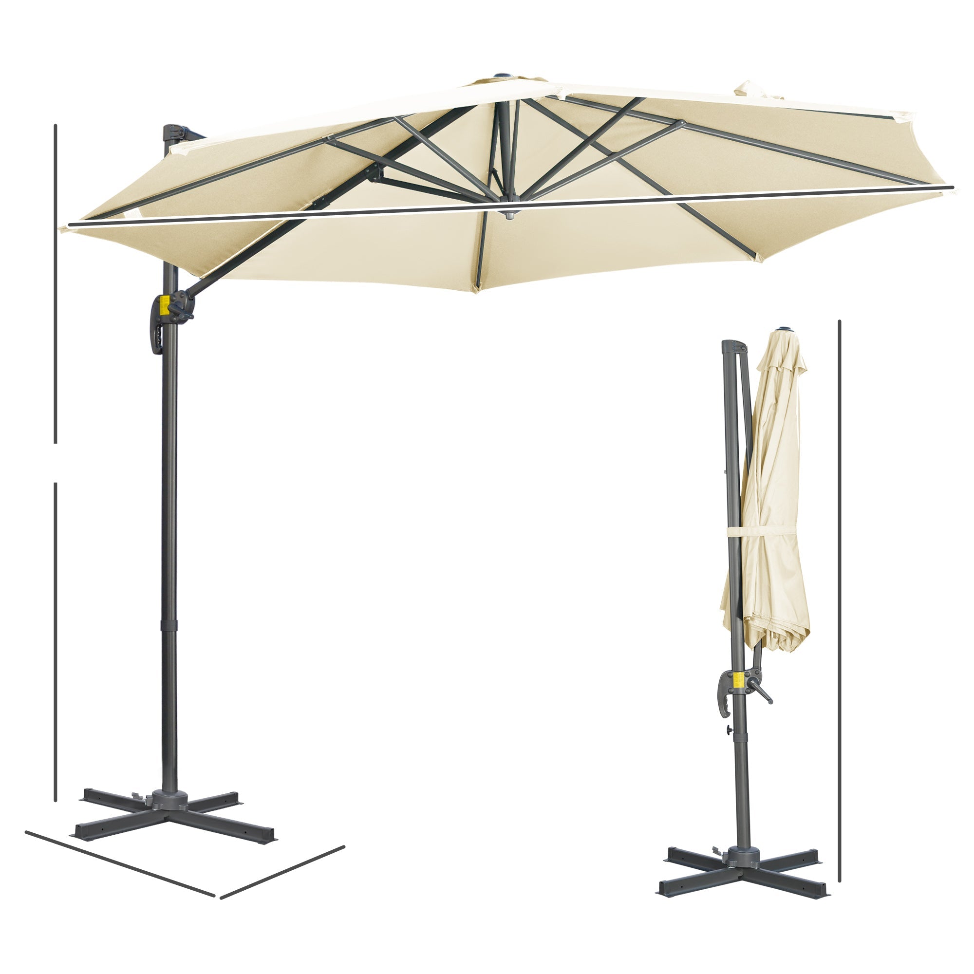 3 x 3(m) Cantilever Parasol with Cross Base, Garden Umbrella with 360° Rotation, Crank Handle and Tilt for Outdoor, Patio, Cream White-2