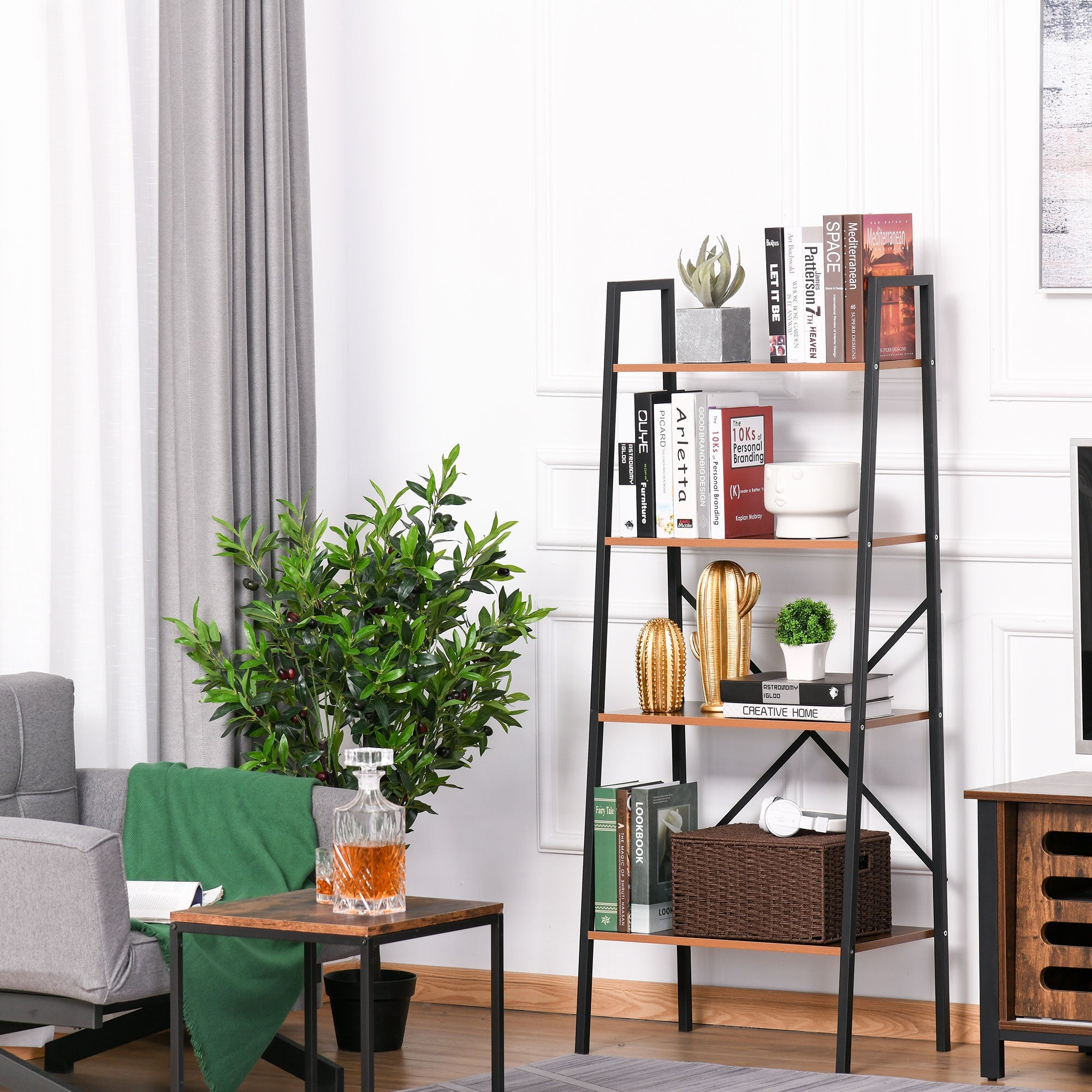 4-Tier Vintage Ladder Shelf Bookcase Wood Storage Rack Stand Plants Display Black brown-1