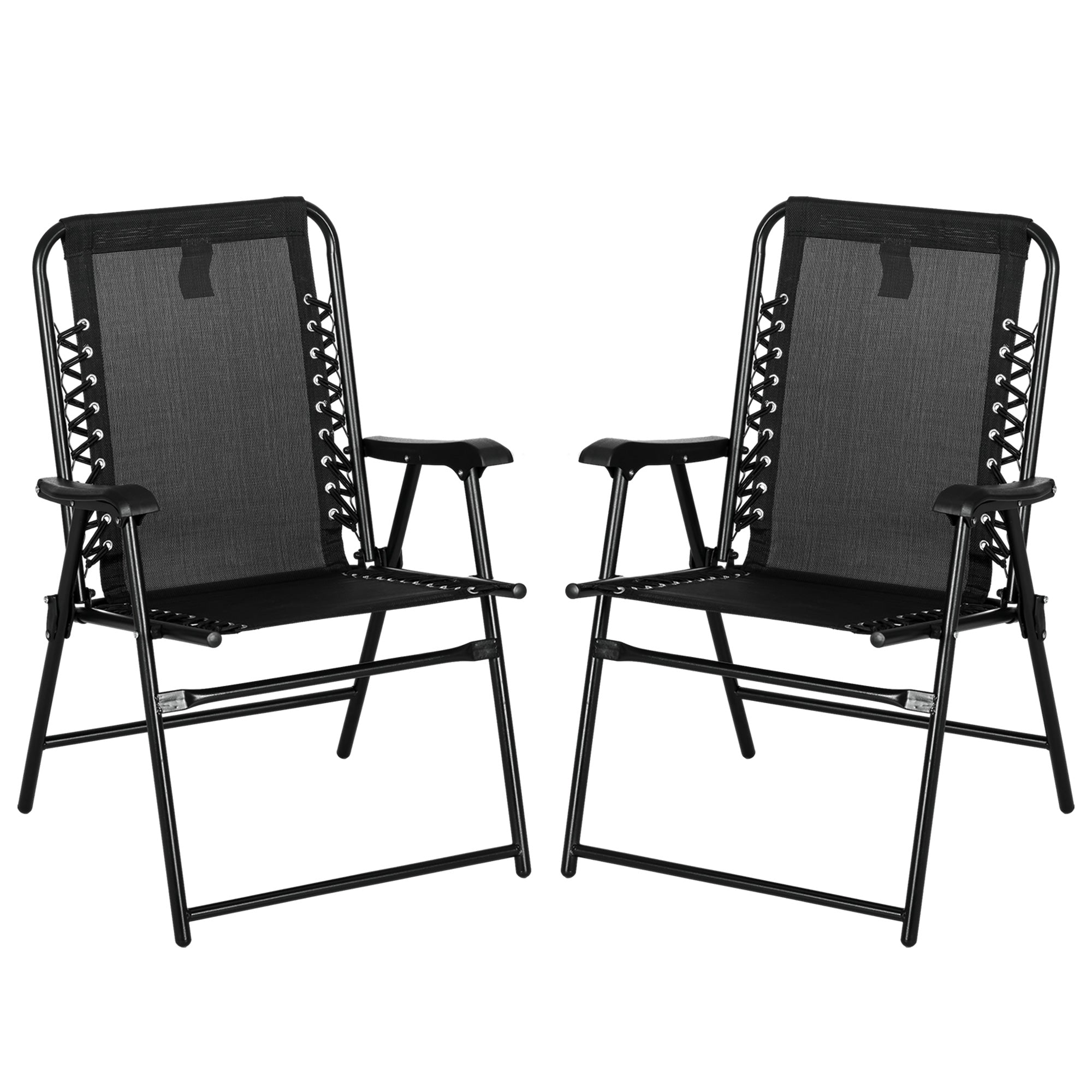 2 Pcs Patio Folding Chair Set, Outdoor Portable Loungers for Camping Pool Beach Deck, Lawn w/ Armrest Steel Frame Black-0