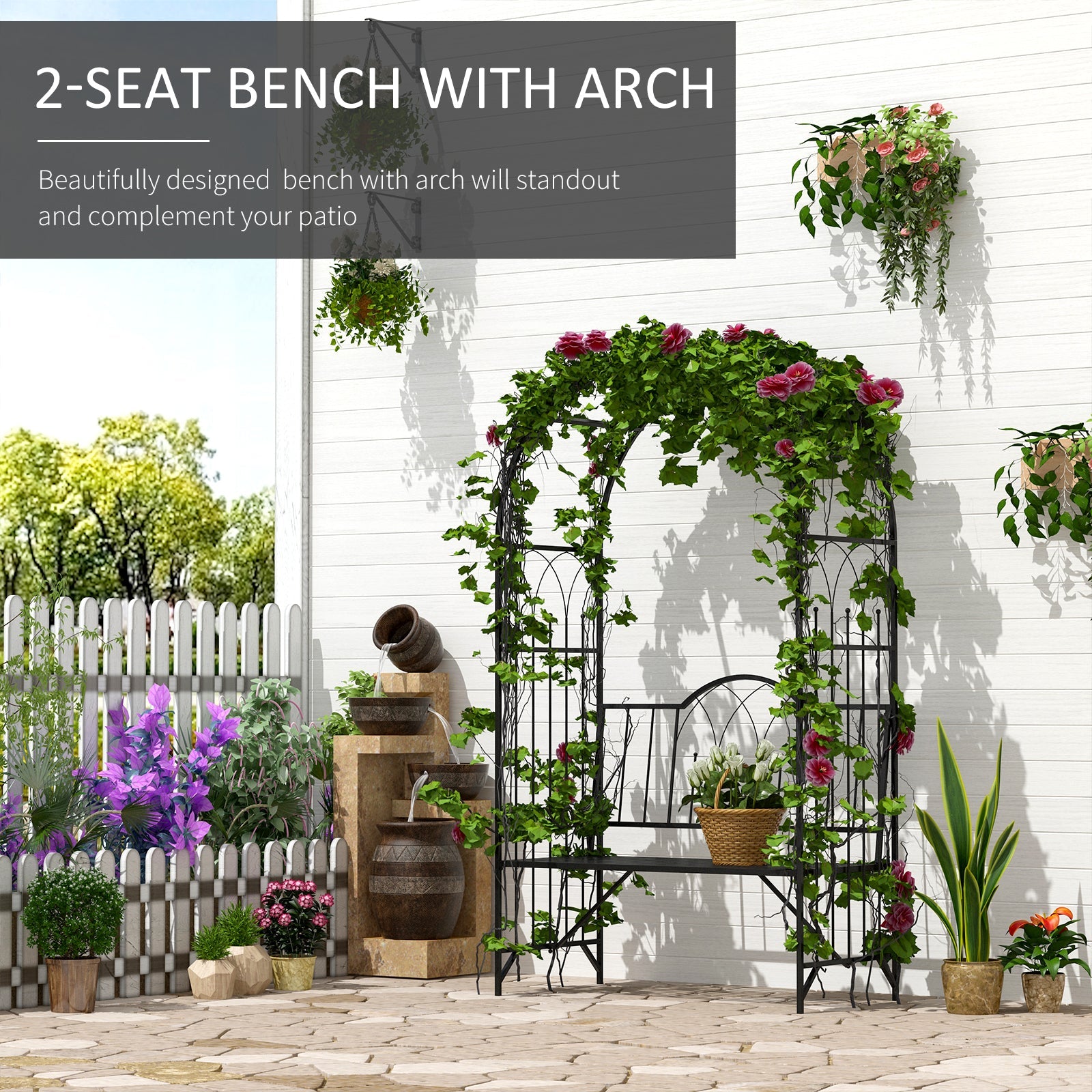 Garden Metal Arch Bench Outdoor Patio Rose Trellis Arbour Pergola for Climbing Plant Antique Style 2-Seater Chair, Black-3