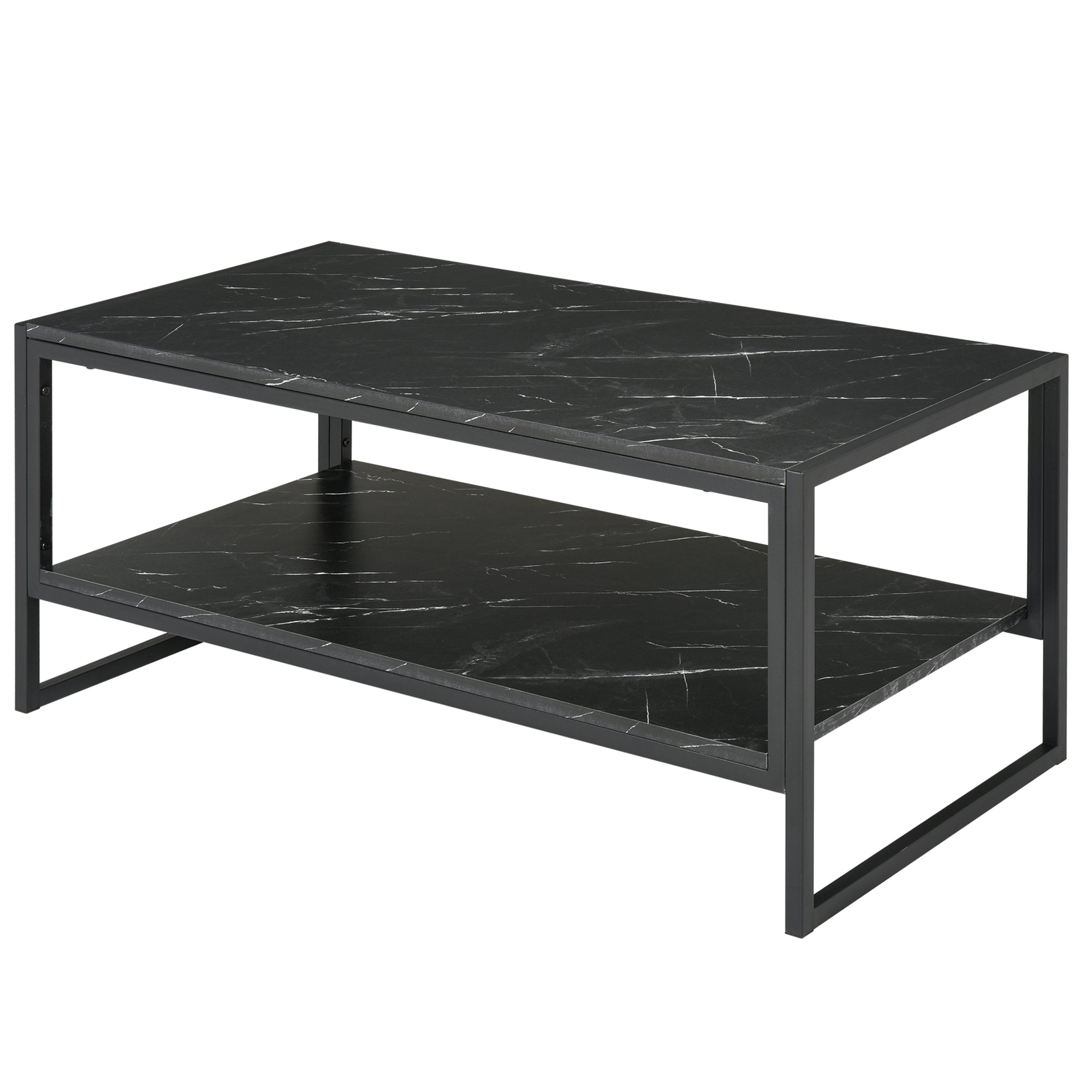 Two-Tier Laminate Marble Print Table Top Coffee Table w/ Metal Frame Foot Pads Elegant Modern Style 2 Shelves Home Display Storage Unit Black-0