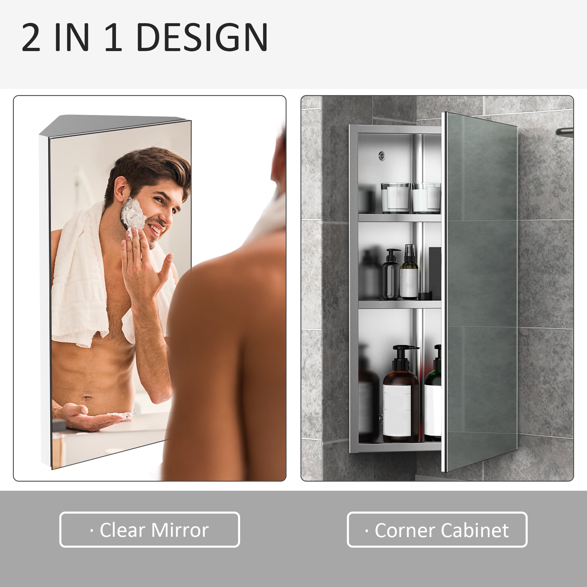 Mirror Cabinet for Bathroom Mirror Cupboard Corner Stainless Steel Wall mounted Single Door 300mm (W)-4
