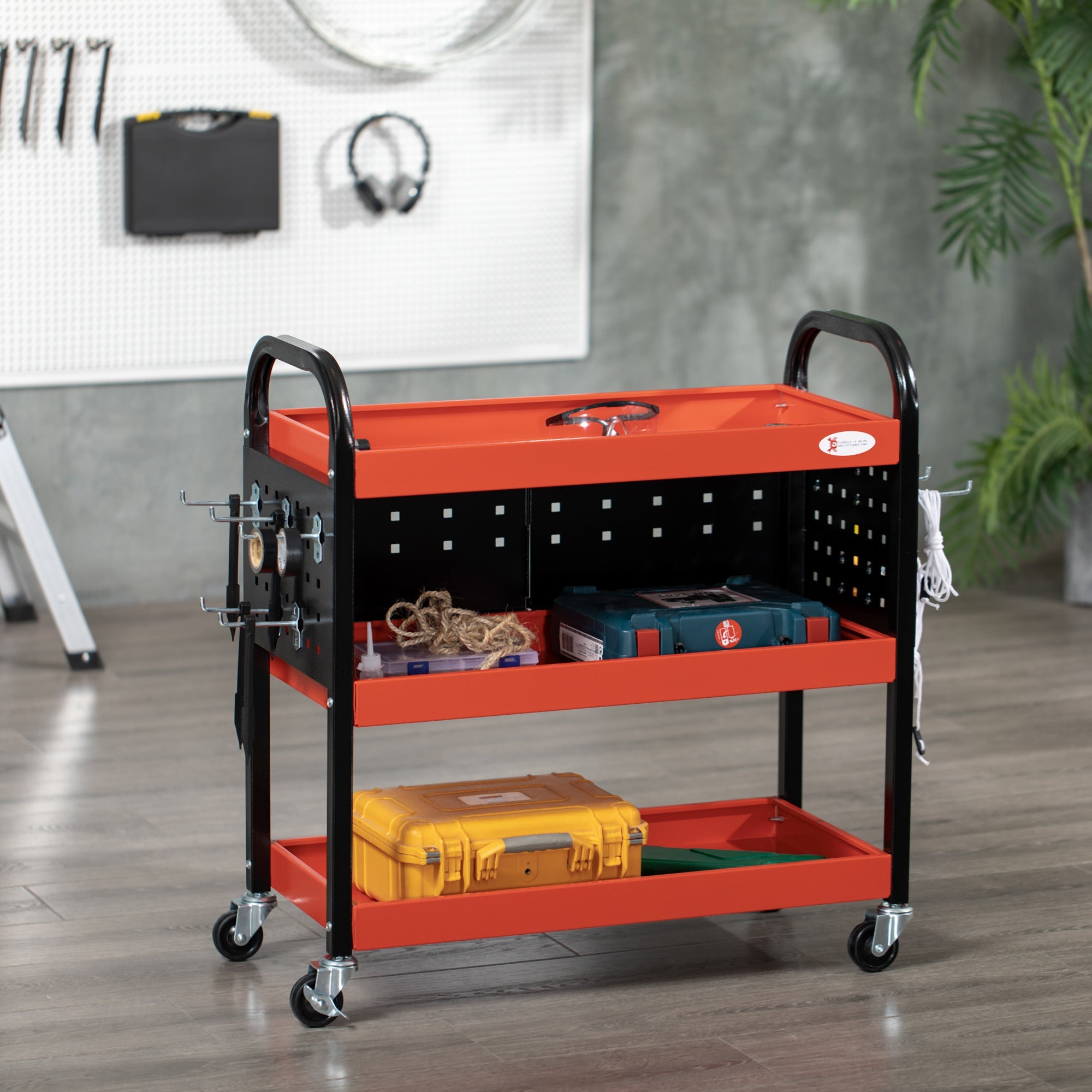 3 Tier Shelf Tool Cart Storage Trolley Wheel Cart for Garage Workshop Warehouse DIY Tool with 10 Hooks 100 kg Red-1