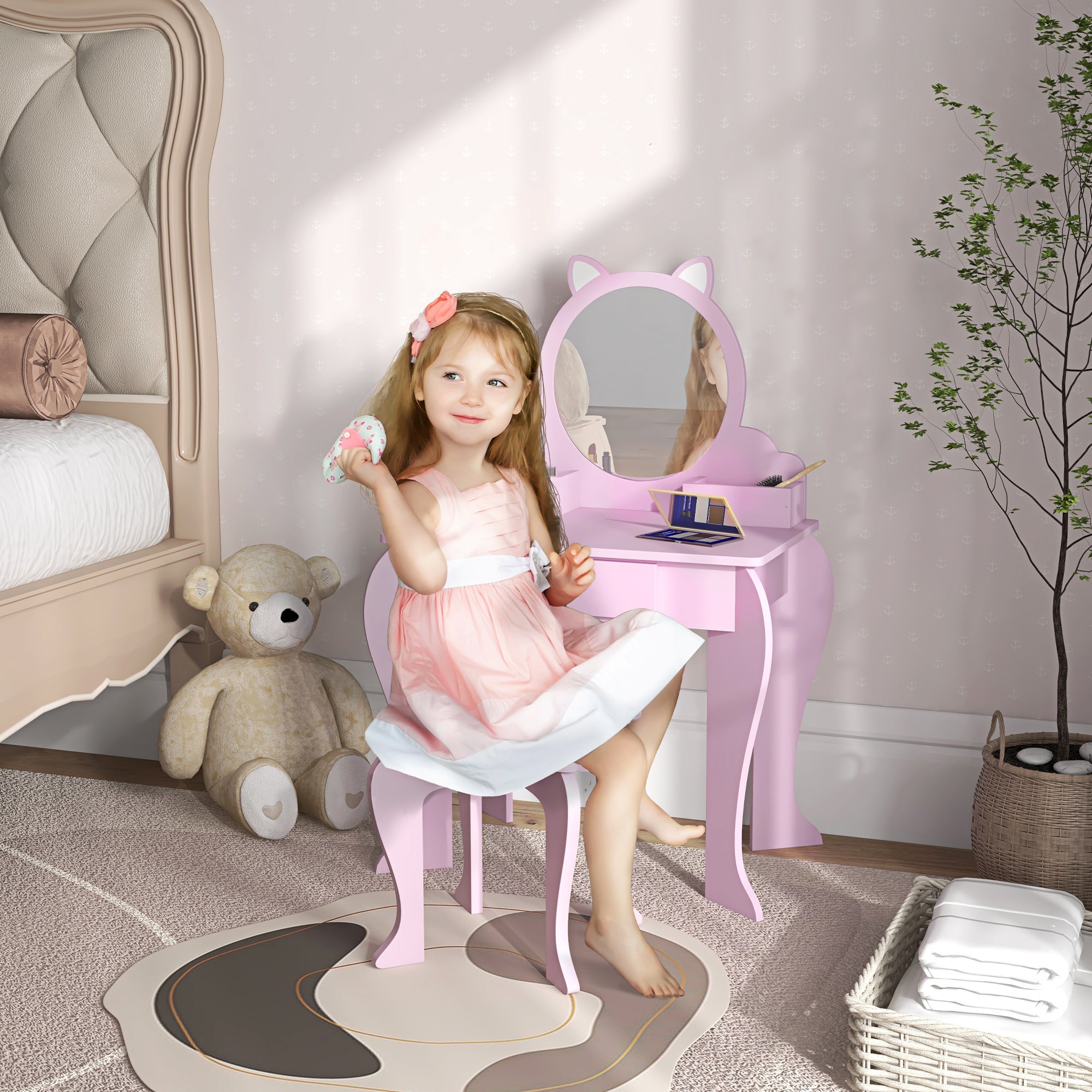 Kids Vanity Table with Mirror and Stool, Cat Design, Drawer, Storage Boxes, for 3-6 Years Old - Pink-1