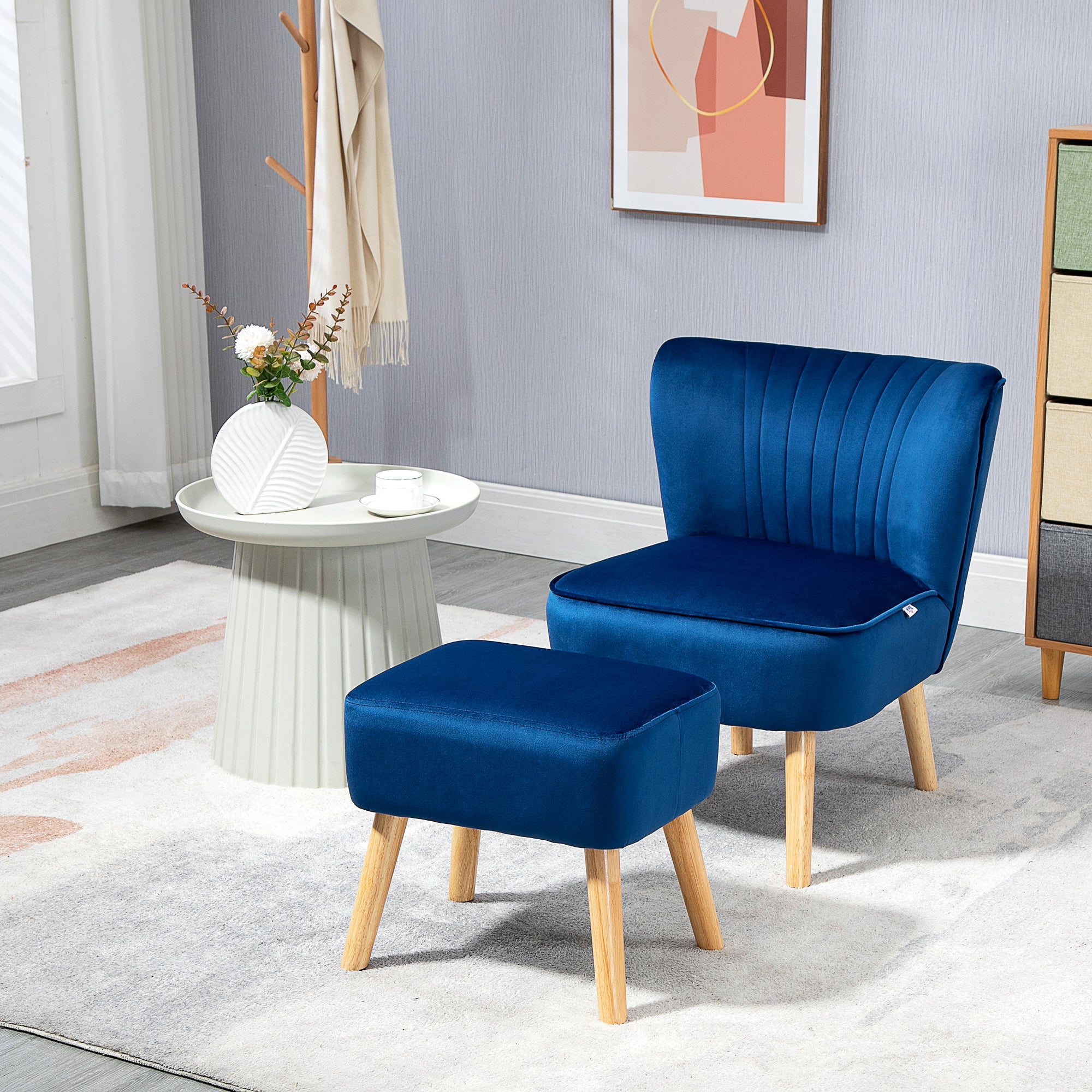 Velvet Accent Chair Occasional Tub Seat Padding Curved Back w/ Ottoman Wood Frame Legs Home Furniture, Dark Blue-1