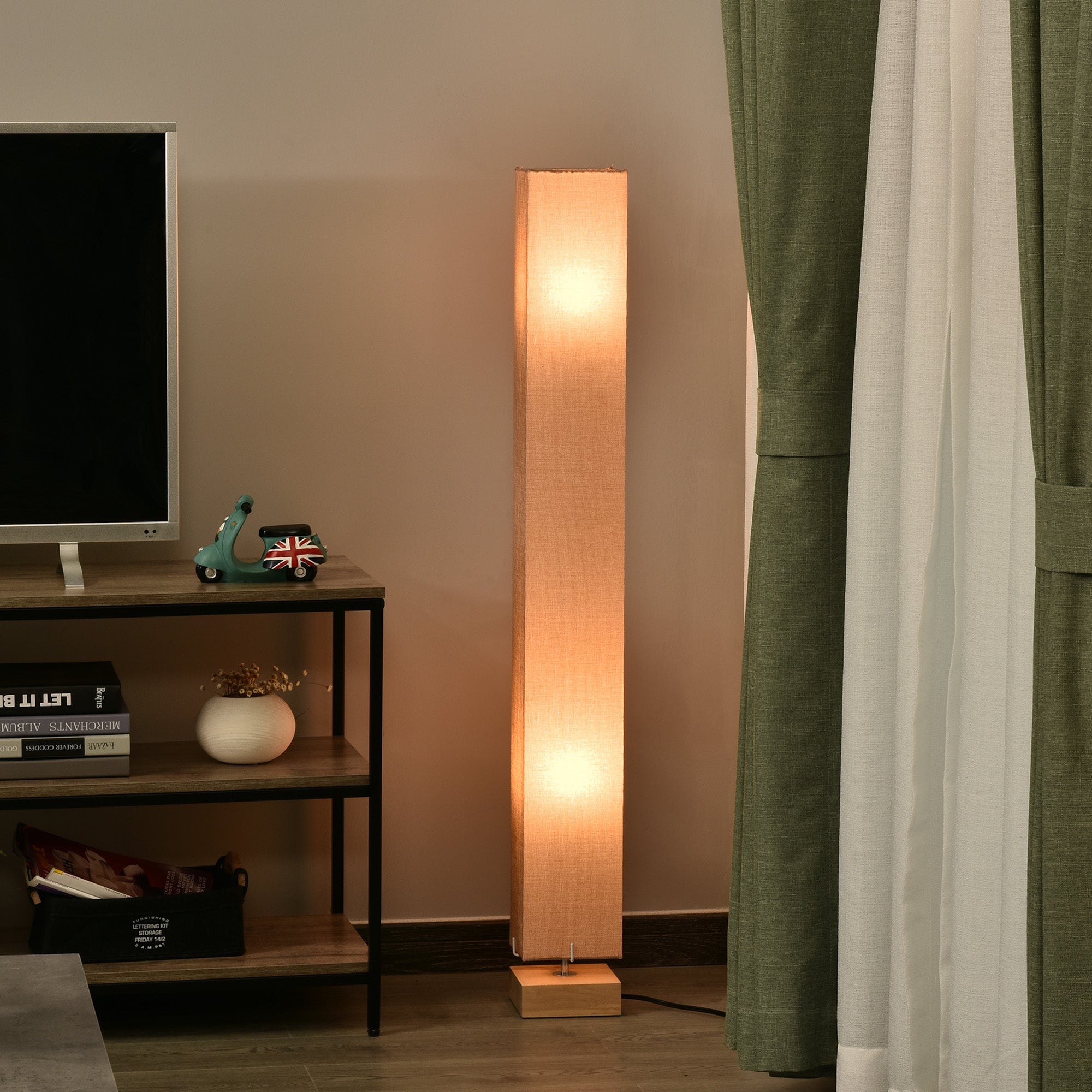 120cm Tall Linen Floor Lamp w/ Wood Base Steel Frame 2 Bulbs Home Lighting Soft Atmospheric Stylish Modern Bedroom Land Cream-1