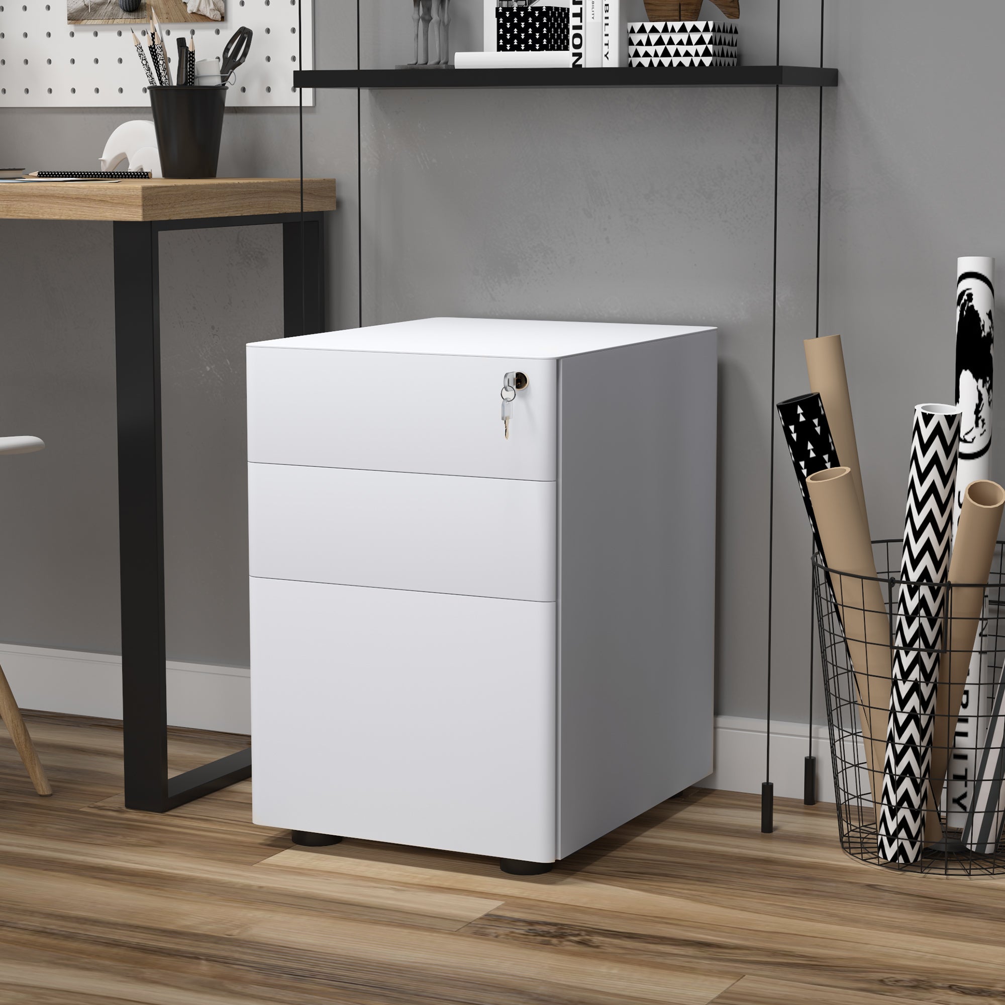 Fully Assembled 3 Drawer Steel Metal Filing Cabinet Lockable Rolling Vertical File Cabinet White-0