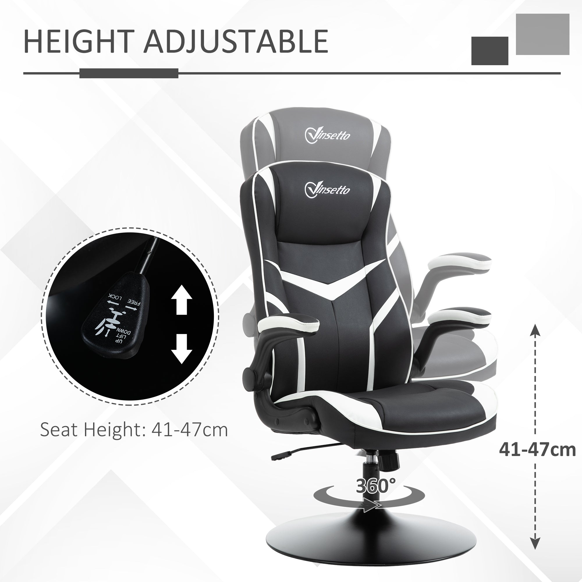 Gaming Chair Ergonomic Computer Chair Home Office Desk Swivel Chair w/ Adjustable Height Pedestal Base PVC Leather, Black & White-3