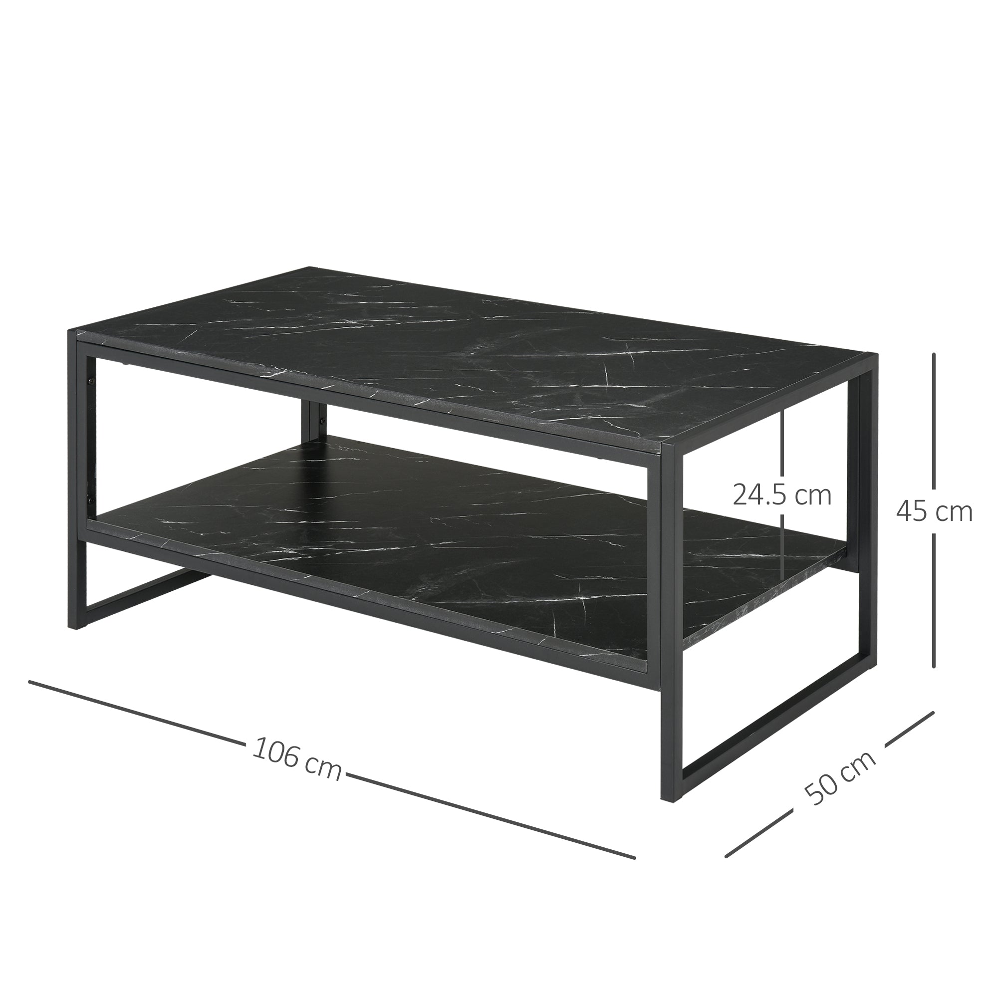 Two-Tier Laminate Marble Print Table Top Coffee Table w/ Metal Frame Foot Pads Elegant Modern Style 2 Shelves Home Display Storage Unit Black-2
