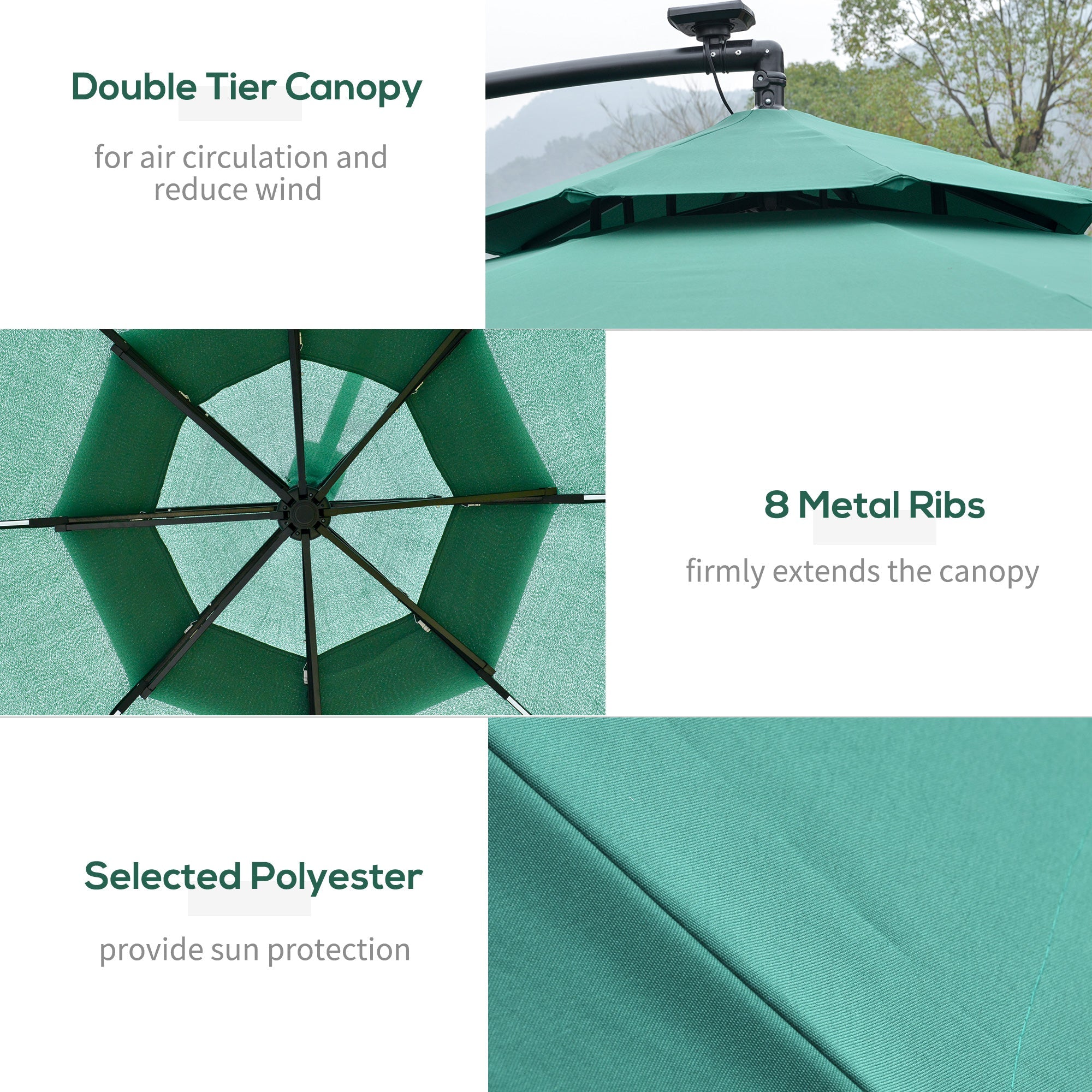 3(m) Cantilever Parasol Banana Hanging Umbrella with Double Roof, LED Solar lights, Crank, 8 Sturdy Ribs and Cross Base Green-4