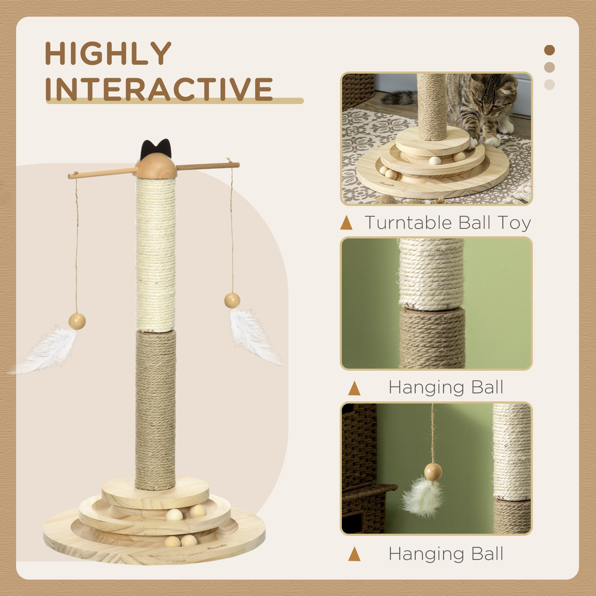 56cm Cat Tree, Kitty Activity Center with Turntable Interactive Ball Toy, Cat Tower with Jute & Sisal Scratching Post, Natural-4