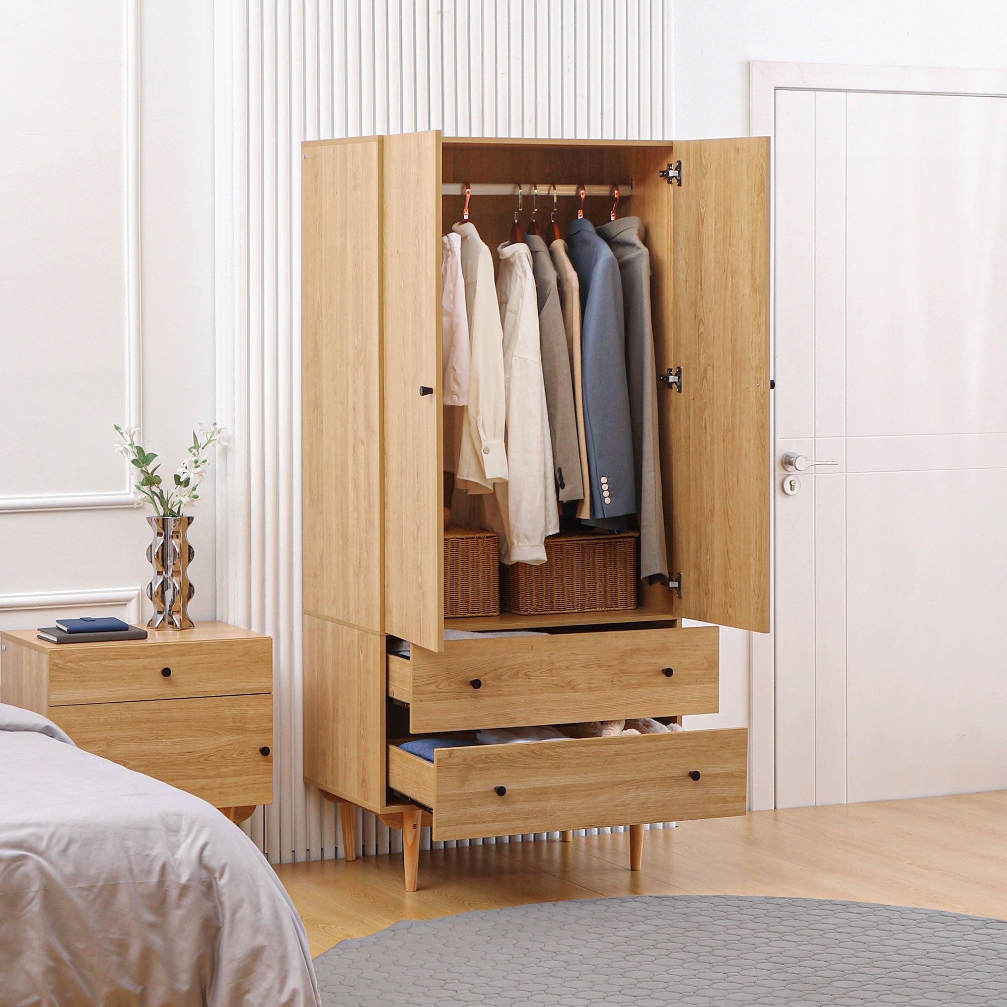 Wardrobe with 2 Doors, 2 Drawers, Hanging Rail for Bedroom Clothes Storage Organiser, 80x52x180cm, Natural Tone-1
