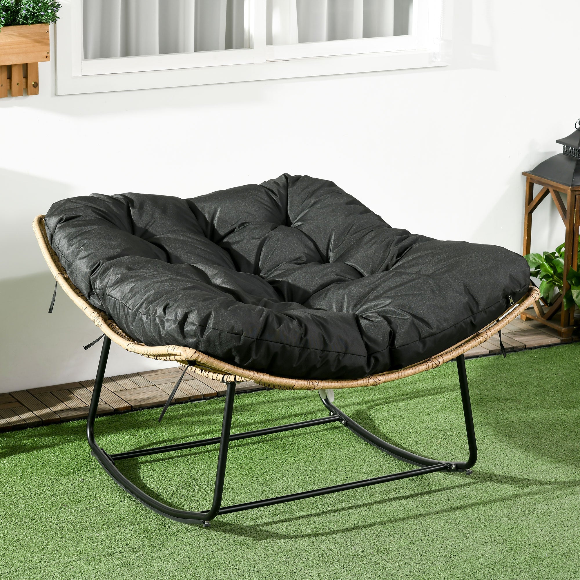 Outdoor PE Rattan Rocking Chair, Patio Luxury Round Wicker Garden Porch Furniture w/ Thick Cushion, Natural Wood Finish-1