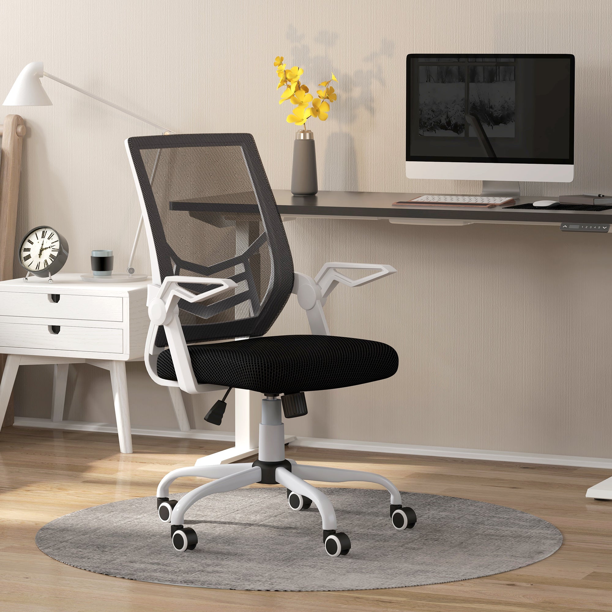 Mesh Office Chair, Computer Desk Chair with Flip-up Armrests, Lumbar Back Support and Swivel Wheels, Black-1