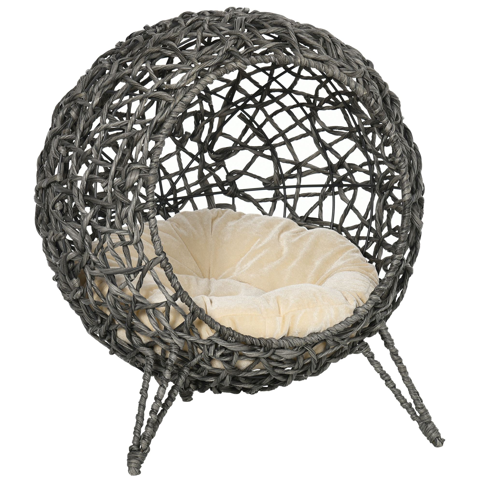 Rattan Elevated Cat Bed House Kitten Basket Ball Shaped Pet Furniture w/ Removable Cushion - Silver-Tone and Grey-0