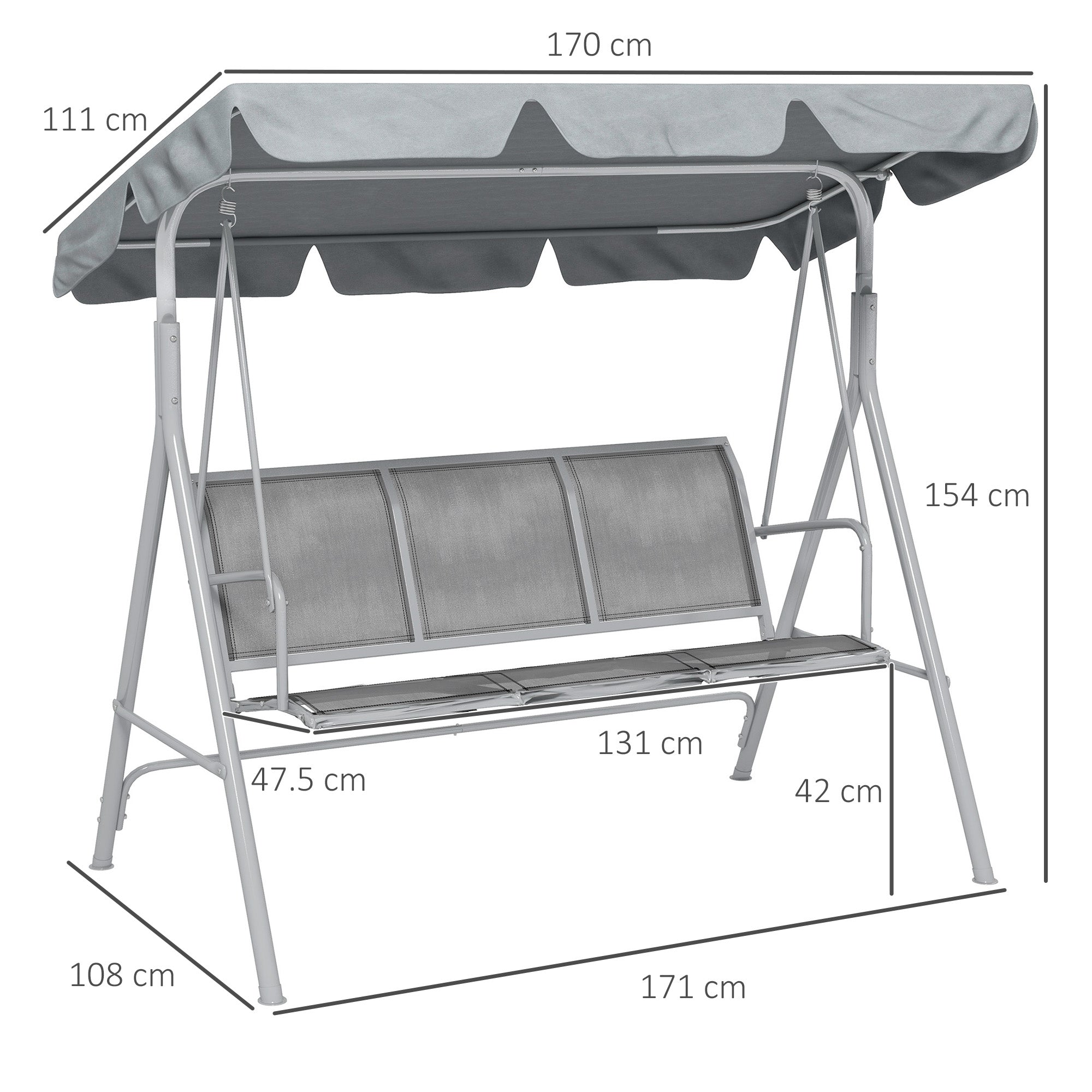 Metal Garden Swing Chair, 3-Seater Swing Seat, Patio Hammock Bench Canopy Lounger, Light Grey-2