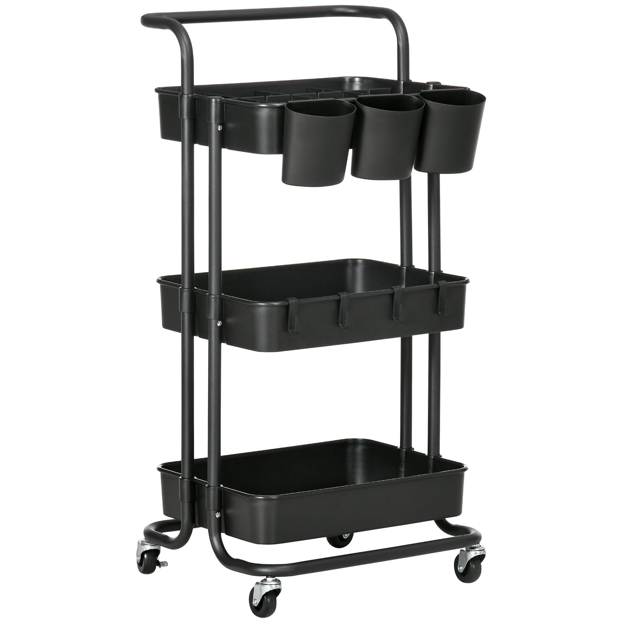 3 Tier Utility Rolling Cart, Kitchen Cart with 3 Removable Mesh Baskets, 3 Hanging Box, 4 Hooks and Dividers for Living Room, Laundry Black-0