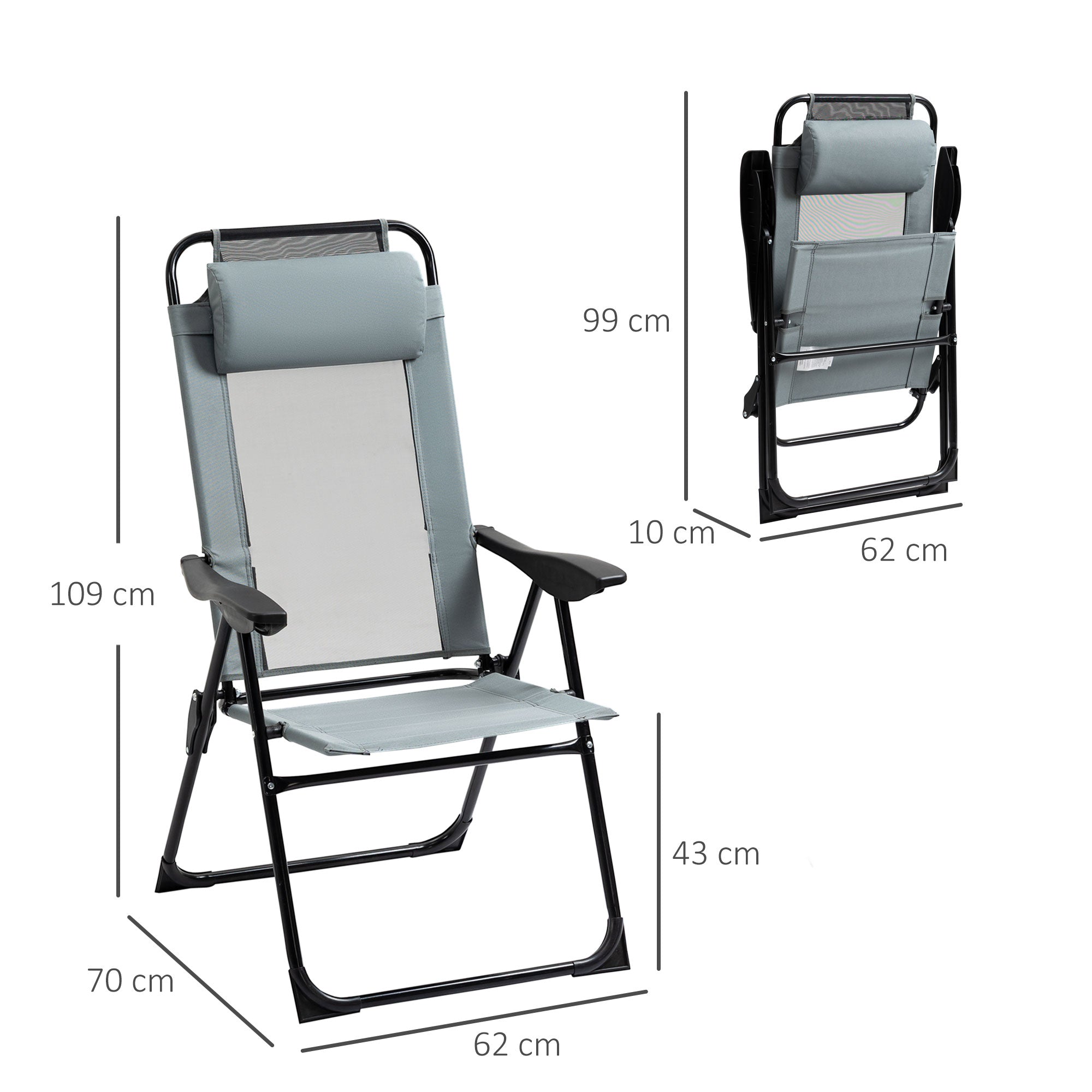 Set of 2 Portable Folding Recliner Chair Outdoor Patio Chaise Lounge Chair with Adjustable Backrest, Grey-2