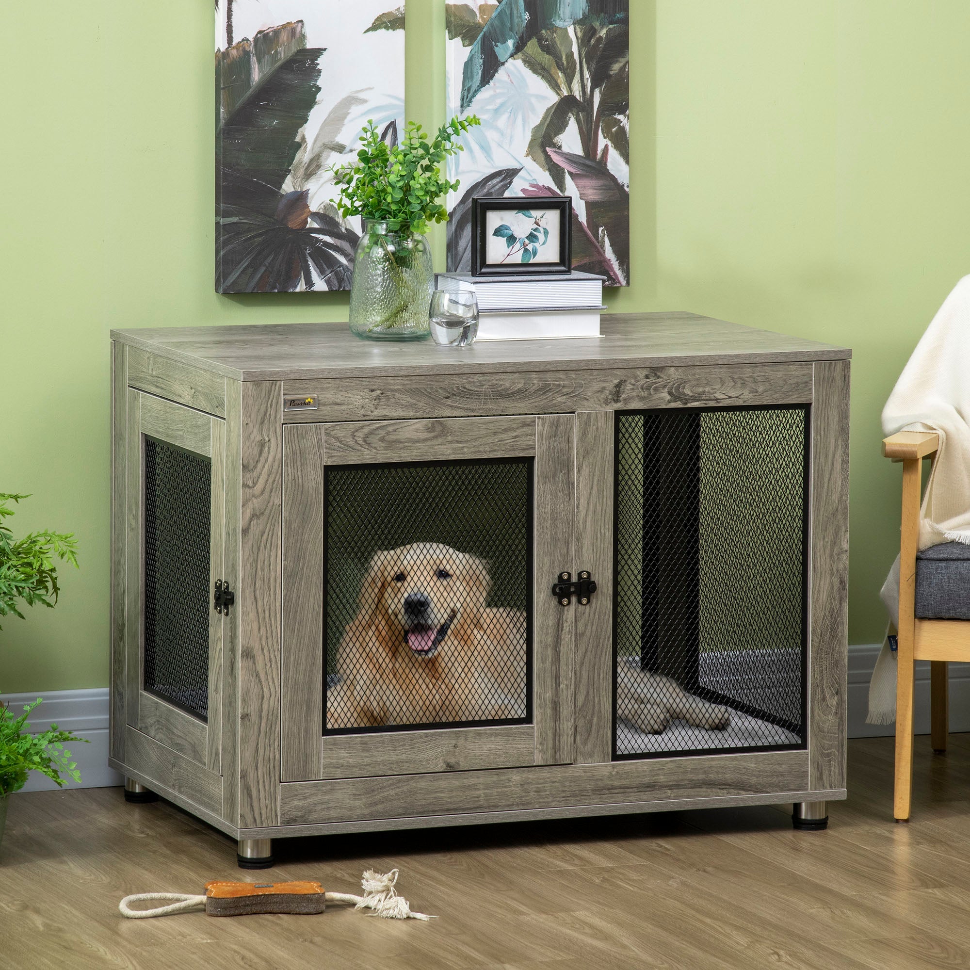 Two-In-One Dog Cage & Side Table, with Two Doors, Cushion, for Large Dogs-1