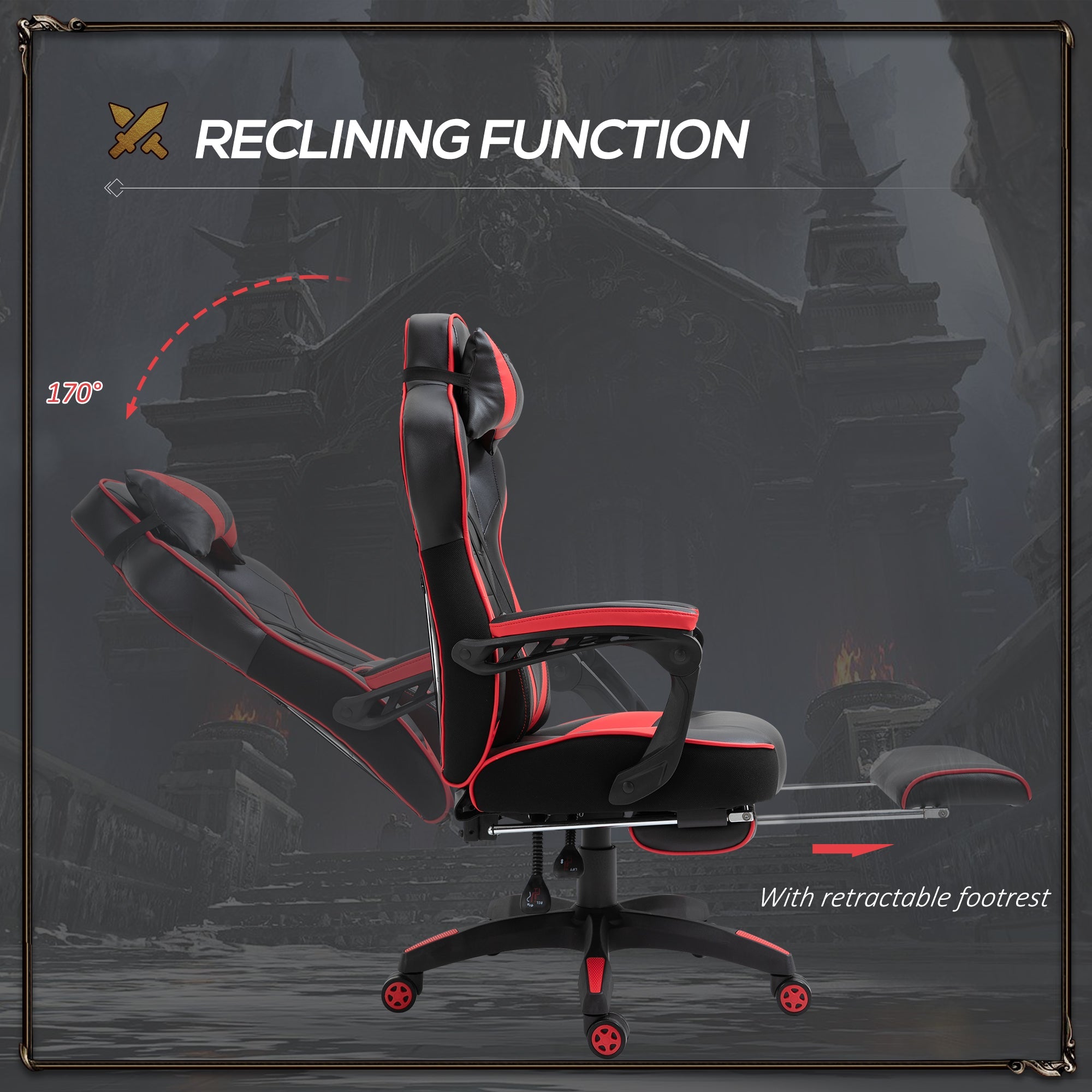 Ergonomic Racing Gaming Chair Office Desk Chair Adjustable Height Recliner with Wheels, Headrest, Lumbar Support, Retractable Footrest, Red-4