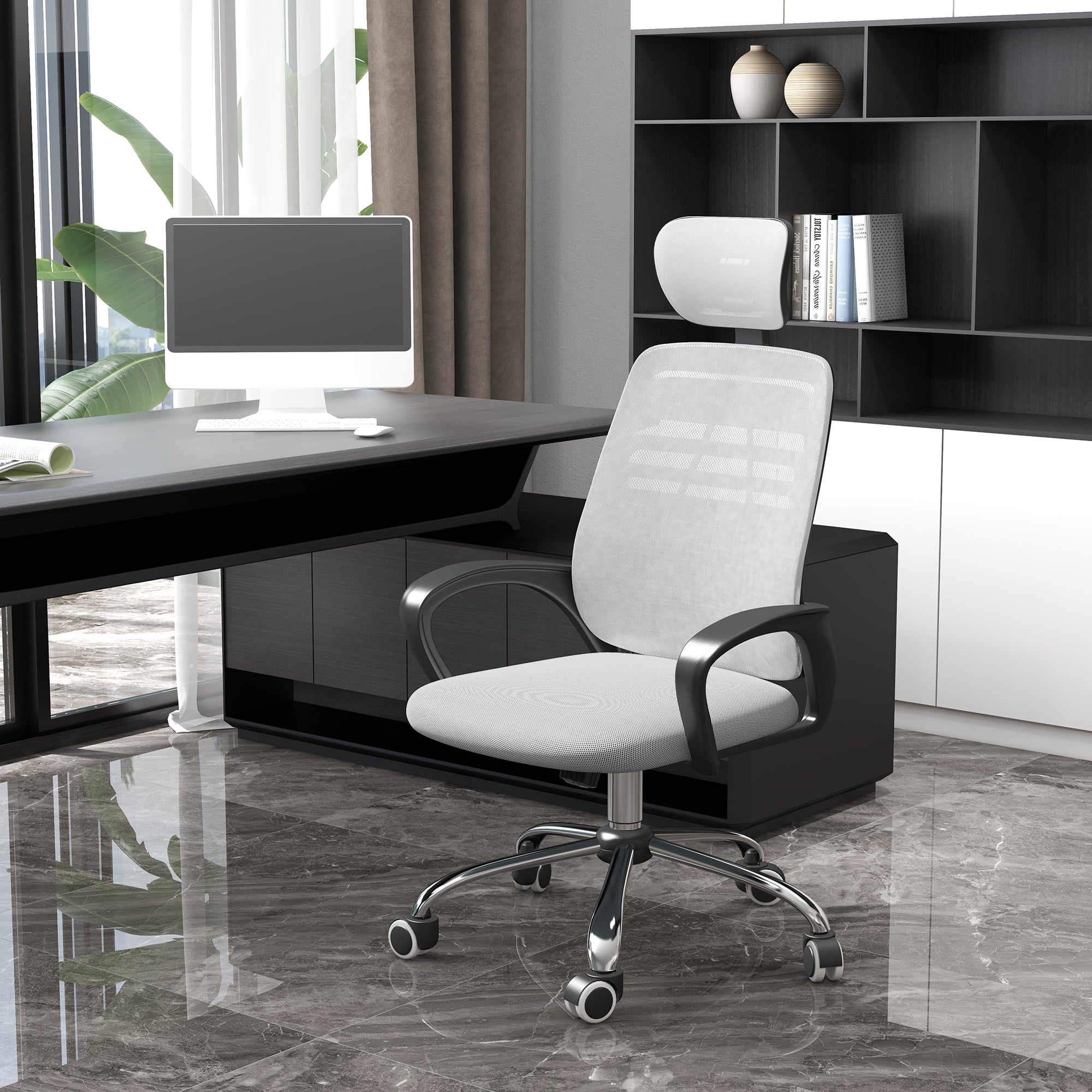 Ergonomic Office Chair, Mesh Desk Chair with Rotatable Headrest, Lumbar Back Support, Armrest, Grey-1