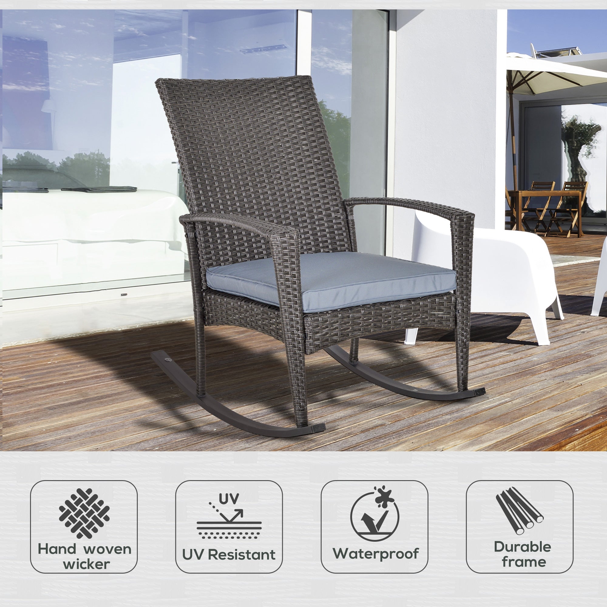 PE Rattan Outdoor Garden Rocking Chair w/ Cushion Grey-3