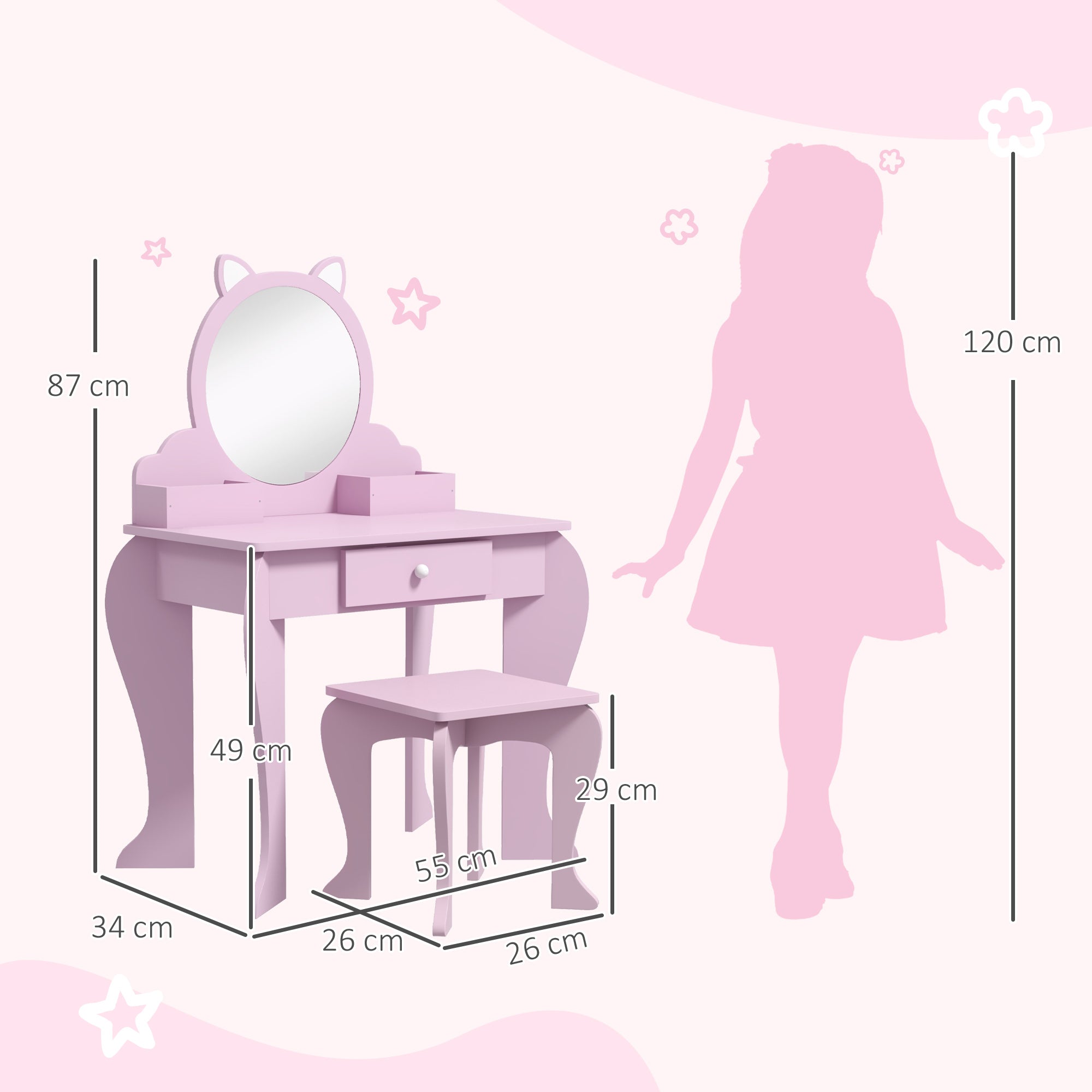 Kids Vanity Table with Mirror and Stool, Cat Design, Drawer, Storage Boxes, for 3-6 Years Old - Pink-2
