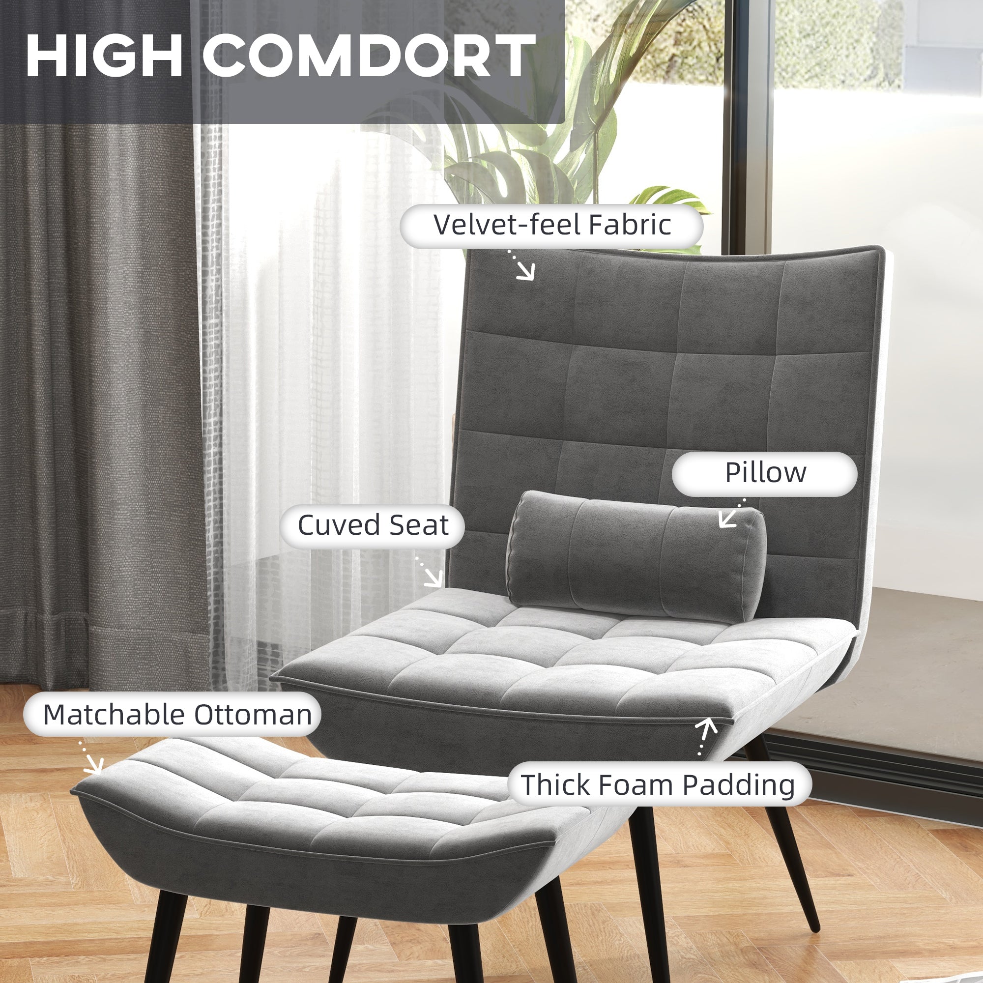 Armless Accent Chair w/ Footstool Set, Modern Tufted Upholstered Lounge Chair w/ Pillow, Steel Legs, Grey-3
