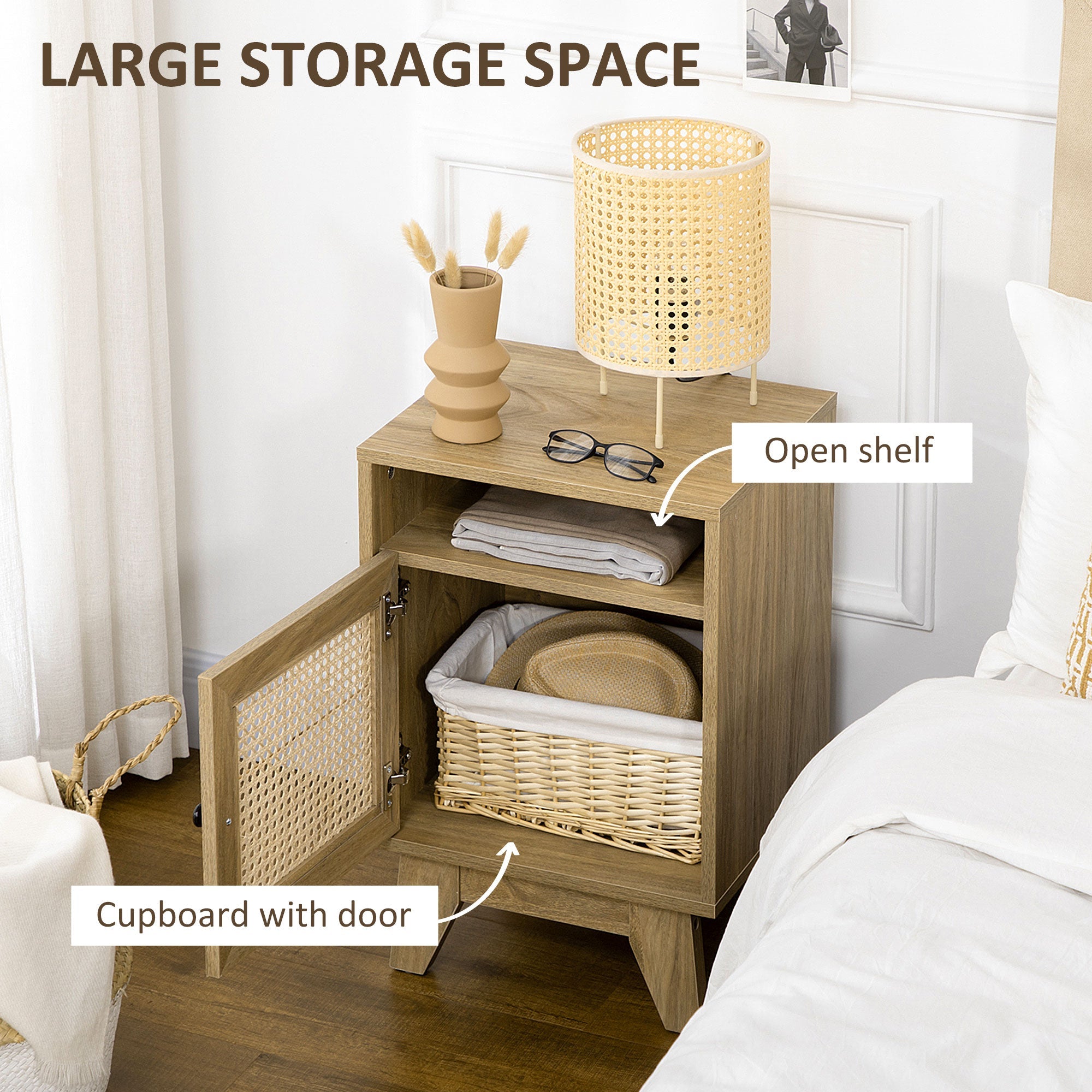 Bedside Table with Rattan Element, Side End Table with Shelf and Cupboard, 39cmx35cmx60cm, Natural-4