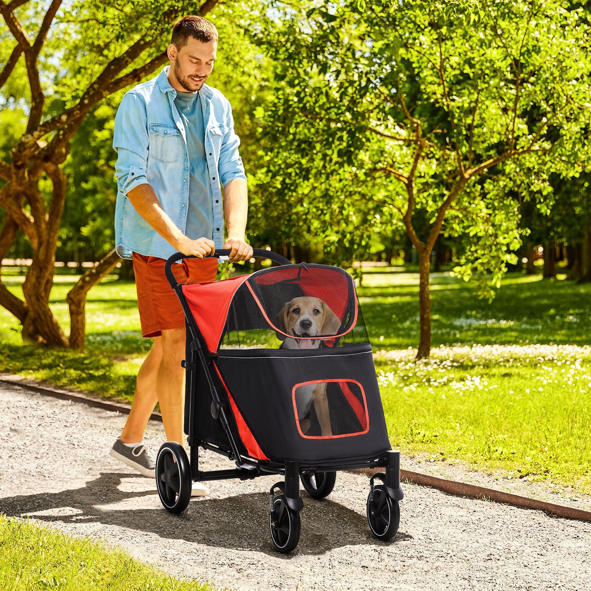 Pet Stroller with Universal Front Wheels, Shock Absorber, One Click Foldable Dog Cat Carriage with Brakes, Storage Bags, Mesh Window Red-1