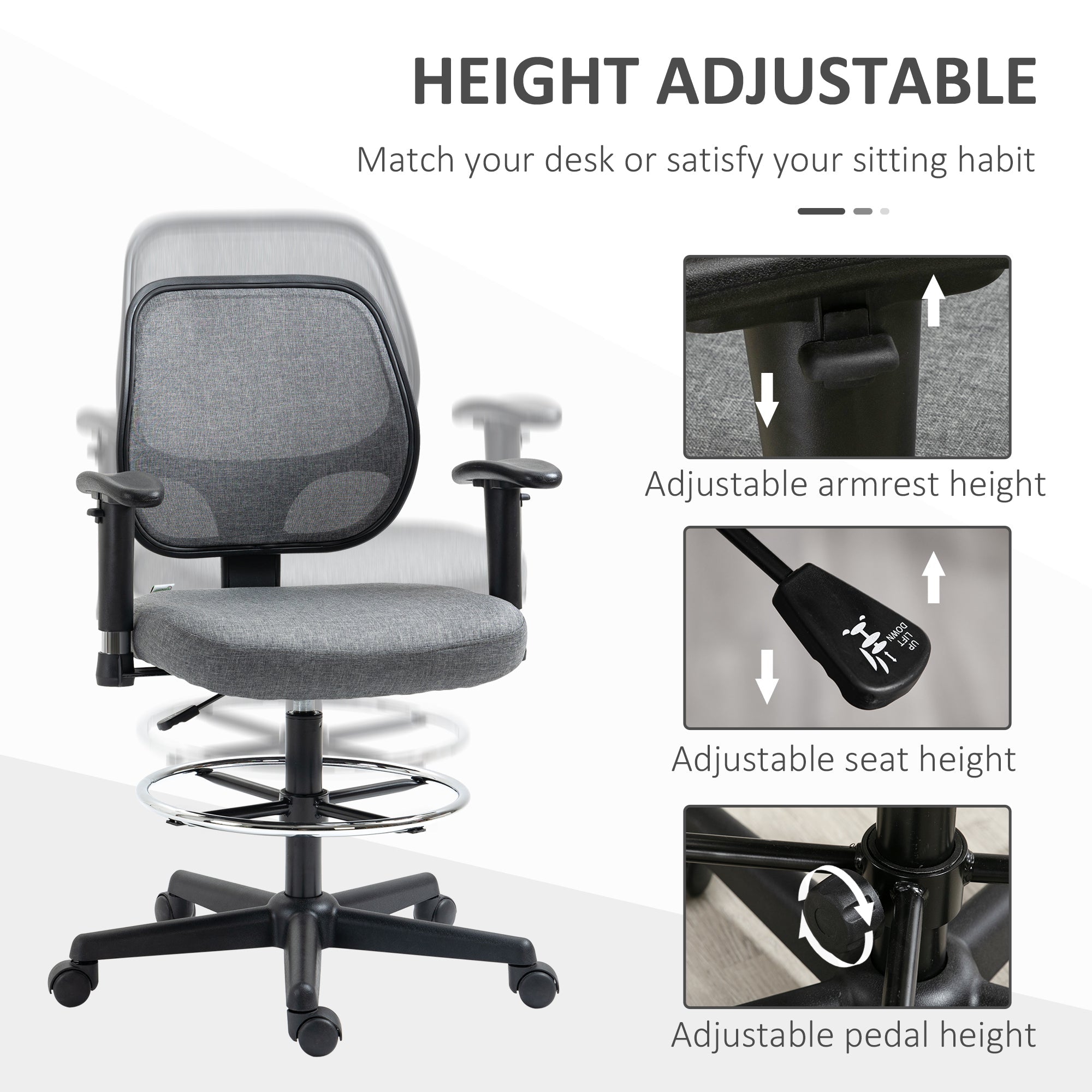 Drafting Chair Tall Office Fabric Standing Desk Chair with Adjustable Footrest Ring, Arm, Swivel Wheels, Grey-3